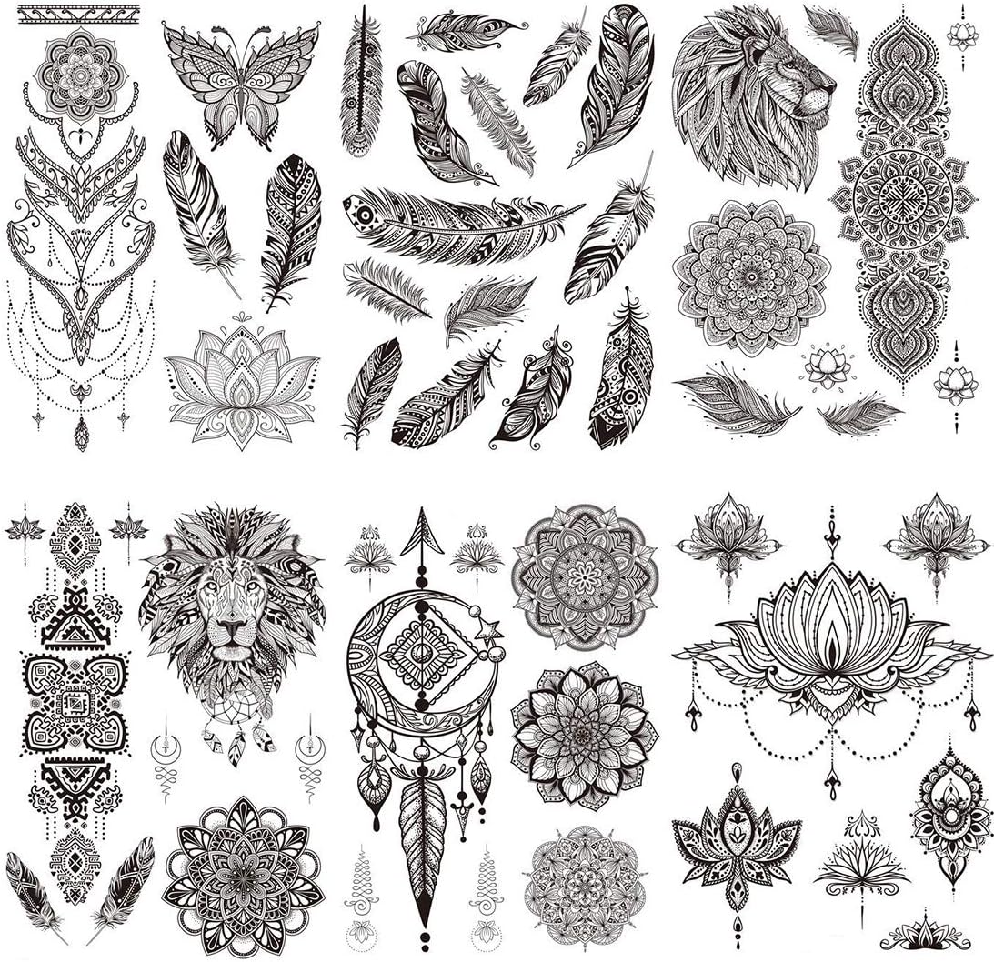 8 Sheets Black Henna Temporary Tattoos for Women Girls - Feather Mandala Flower Tattoo Sticker for Adults Body Art Stickers Lace Indian Mehndi Tatoos