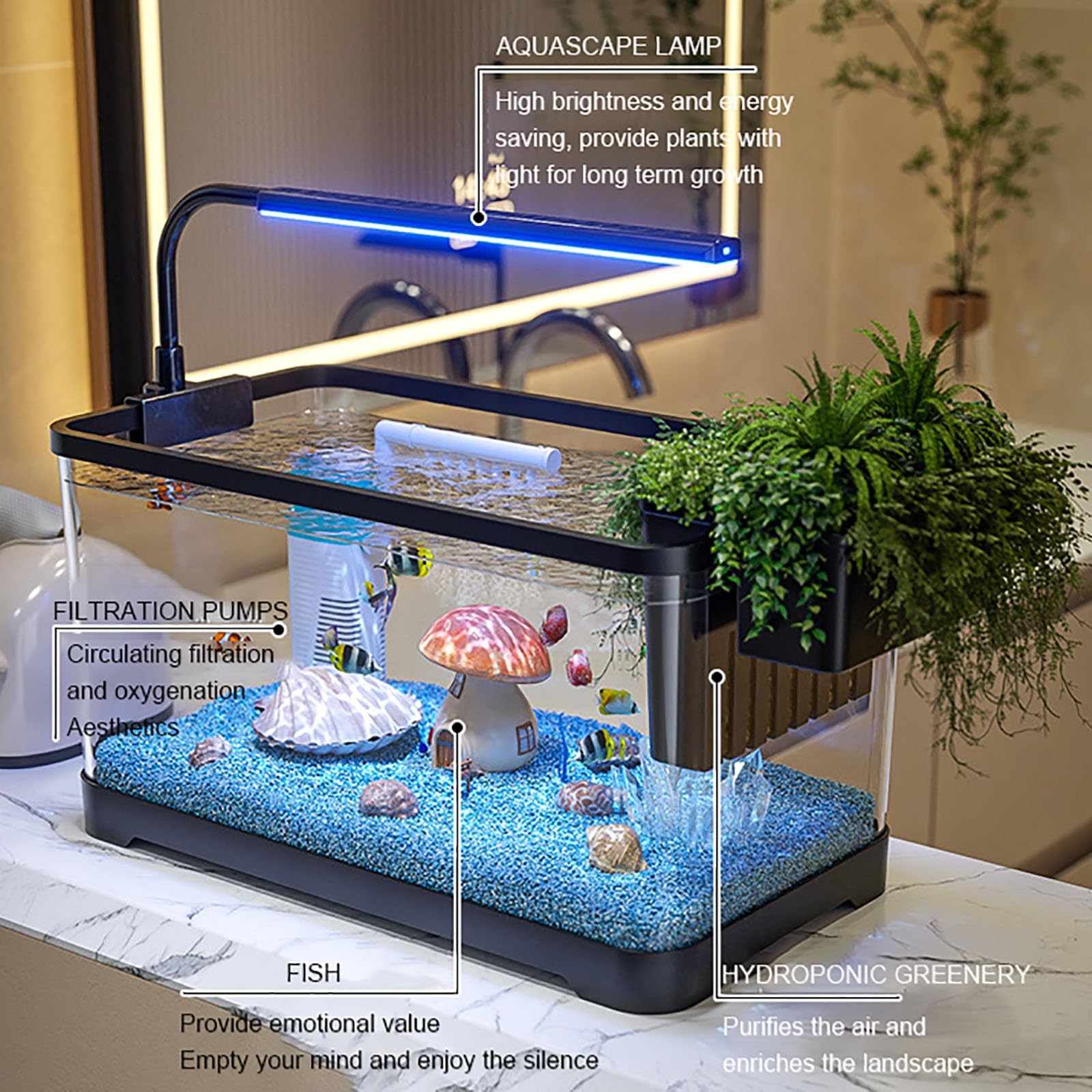 Acquario Piccolo,serbatoio Di Pesce Kit Di Starter Per Acquario Piccolo,Completo Acquarios Per Pesci Rossi Tartarughe D'acqua Con Illuminazione A LED E Sistema Di Filtraggio(Large)