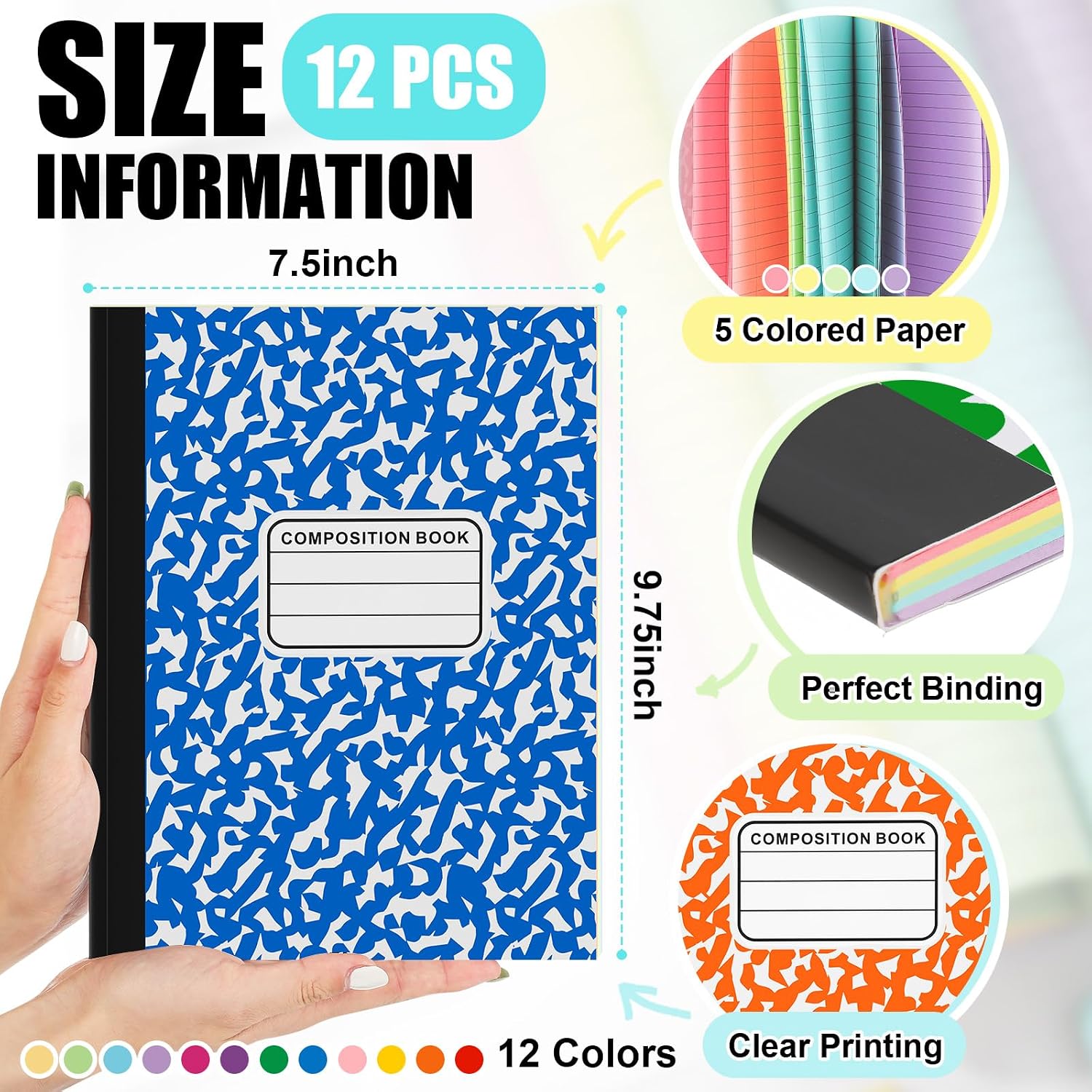 Henoyso 12 Pcs 120 Pages Colored Paper Notebooks 9.75" x 7.5" Bright Colors Lined Paper Notebook Wide Ruled Marble Notebooks Journals Bulk for Office School Supplies(Multicolor)