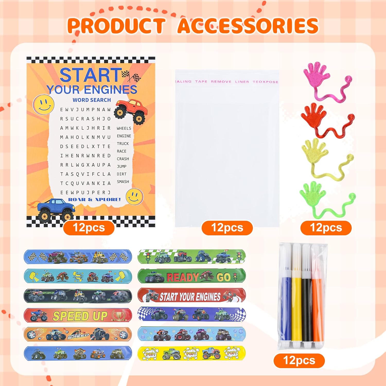 Monster Truck Party Favors for Kids – 12PCS Wooden DIY Craft Kit with 4-Color Markers, Slap Bracelets & Word Search – Truck Birthday Party Supplies & Goodie Bag Gifts for Boys & Girls. - Image 4