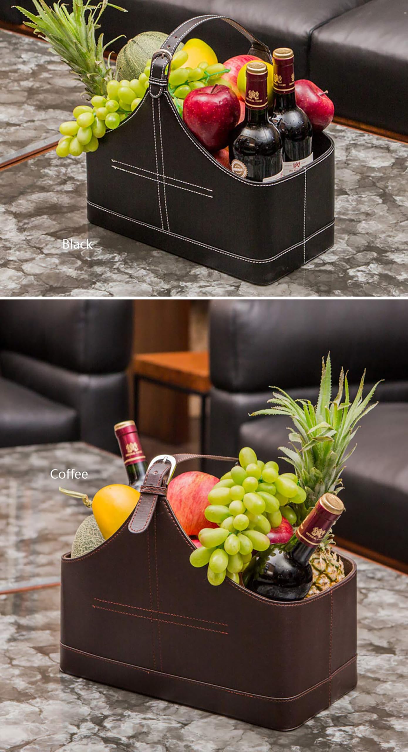 Leather Storage Basket,MDF Structure Wine Flowers Fruits Holder Rack
