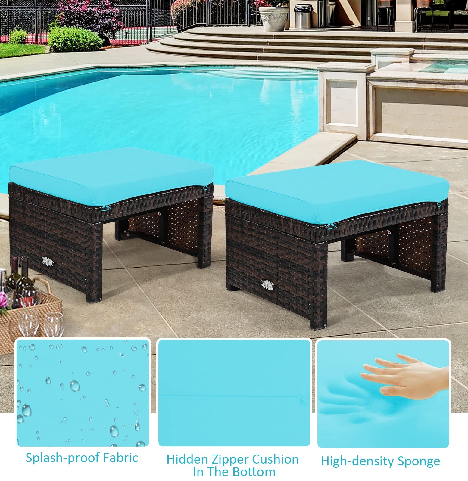 GIANTEX 2 Taburetes Reposapiés de Ratán de Jardín, Cojín Impermeable Extraíble, Taburetes, Mesas, Multiusos, 49 x 40 x 28 cm, Azul