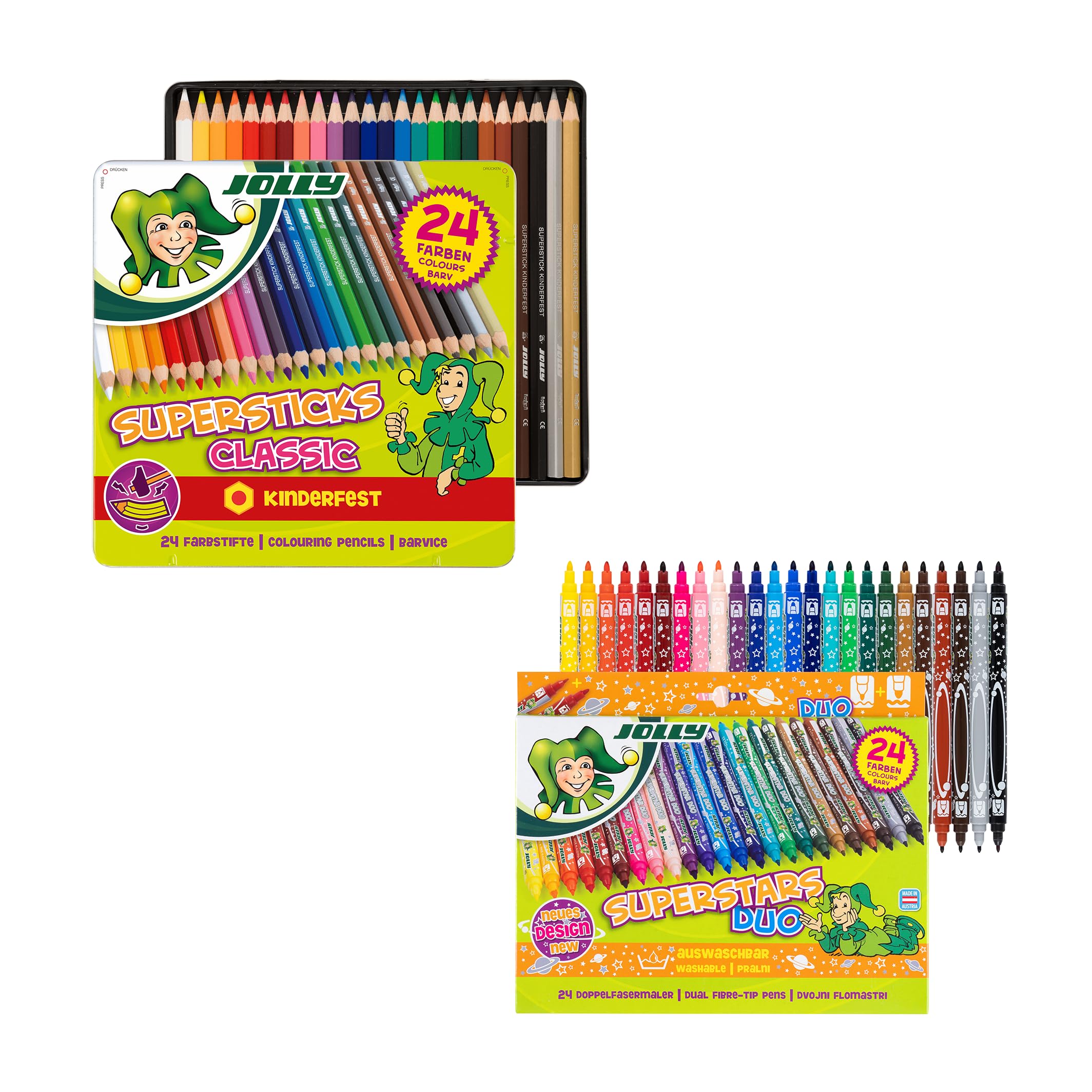 JOLLY Bundle Buntstifte Supersticks Kinderfest | Bruchfeste & ungiftige Farbstifte | 24 Stifte Superstar DUO Fasermaler | Eine dicke und eine dünne Spitze | 24 Stück im Kartonetui
