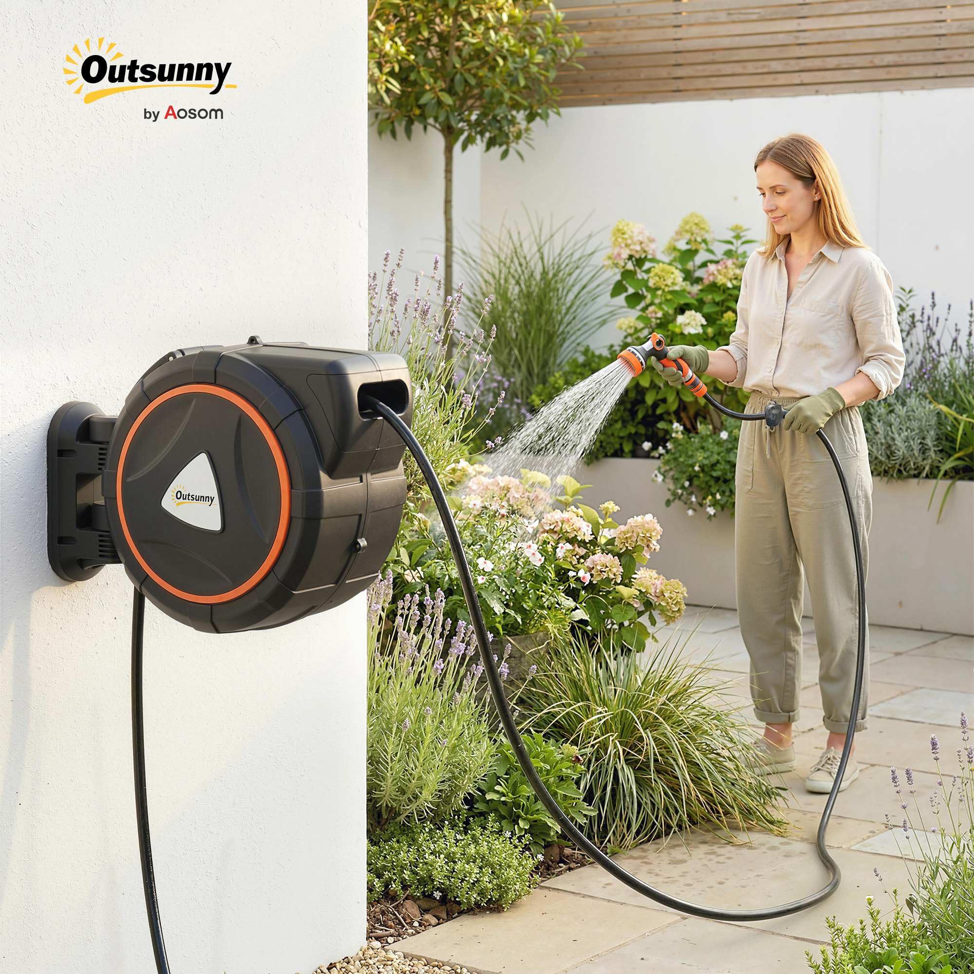 Outsunny Enrollador de Manguera para Jardín 28+2 m con 12 Modos de Rociado, Carrete de Manguera de Jardín de Pared con Bloqueo Automático y Retracción Controlada, Soporte Orientable 180°, Naranja