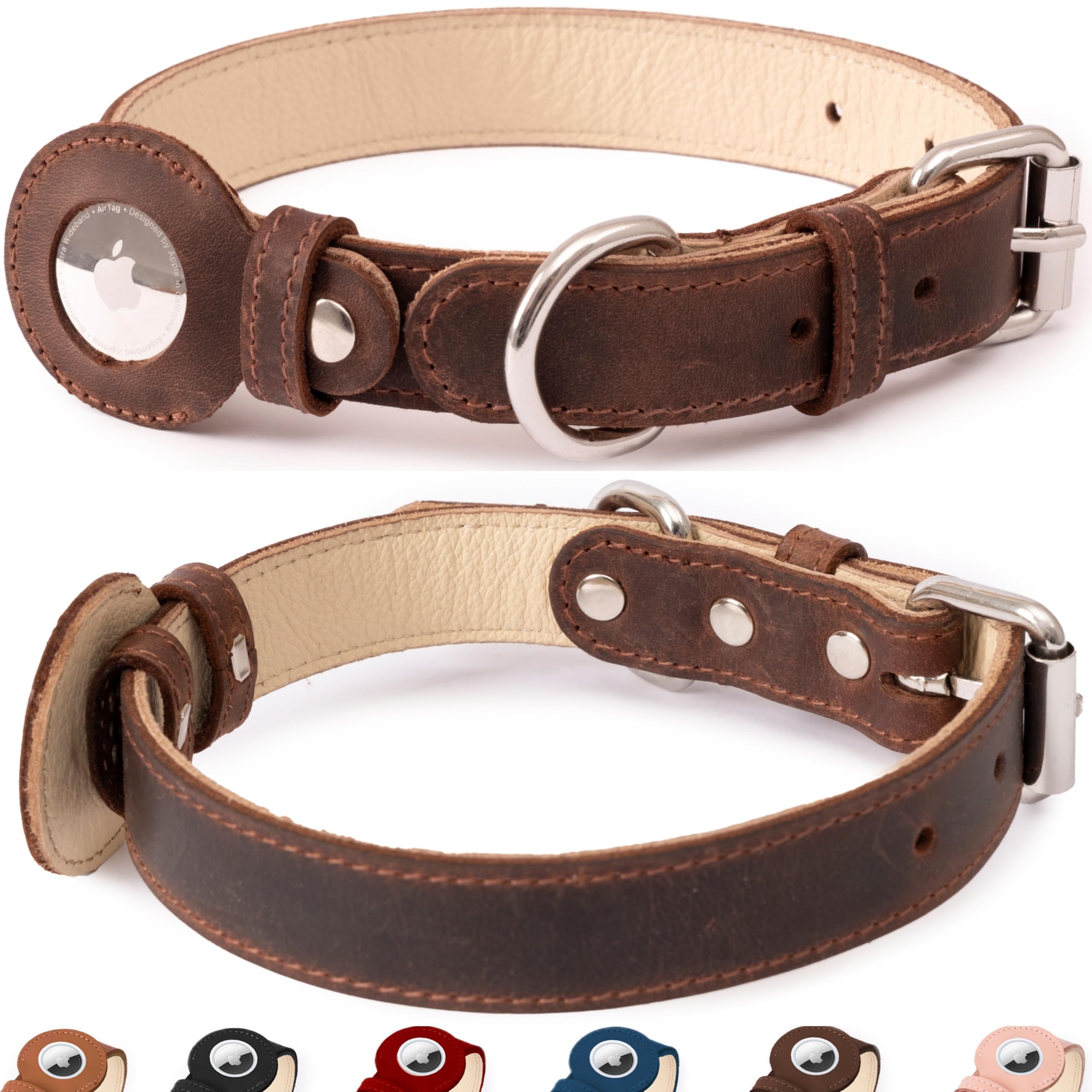 BODDE Leather Dog Collar with Apple AirTag Holder for Small Medium Large Extra Large Puppy Dogs, Metal Buckle, Heavy Duty Top-Grain Soft Leather