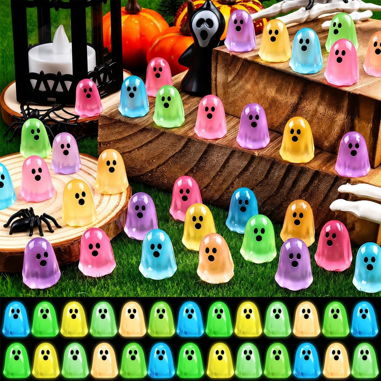 132pcs Halloween Luminous Mini Ghosts Figures 6 Colours Glow in The Dark Miniature Resin Ghost Figurines to Hide Bulk Tiny Small Statue for Halloween Party Favors Micro Garden Dollhouse Decorations