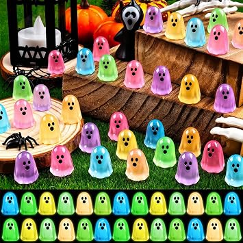 132pcs Halloween Luminous Mini Ghosts Figures 6 Colours Glow in The Dark Miniature Resin Ghost Figurines to Hide Bulk Tiny Small Statue for Halloween Party Favors Micro Garden Dollhouse Decorations