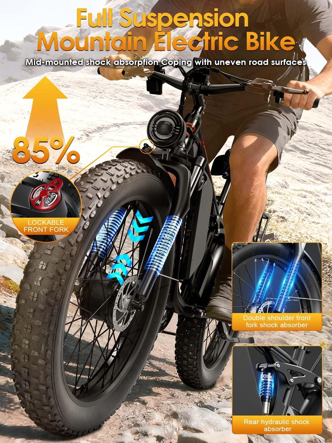 5000W Peak Dual Motor Fat Tire Electric Bike 26Inch, 52V 32Ah BMS Battery, 45MPH 100+ Mile Long Range Battery, Hydraulic Disc Brake, All-Terrain,Full Suspension for Adults Commute or Offroad