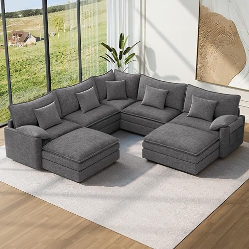 Vesgantti 101" V-Shaped Corner Couch Sectional, 7 Seat Customizable Modular Cloud Couches with Movable Ottoman, Chenille Deep Seat Sofa Set with Chaise for Living Room, Bedroom and Apartment, Gray