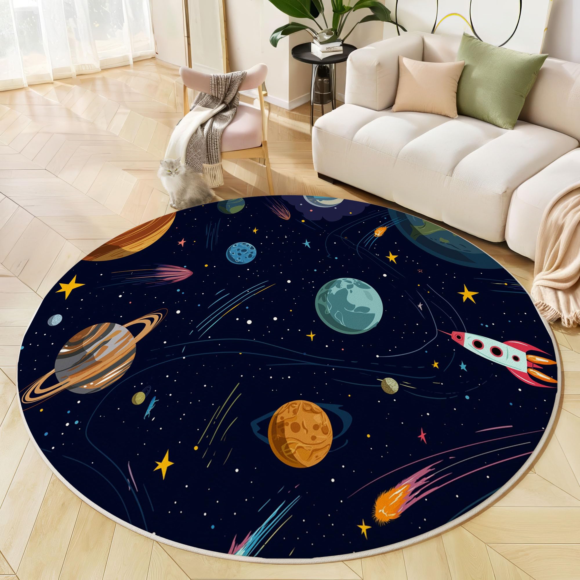 Cartoon-Weltraum-Hintergrund Maschinenwaschbarer Runder Teppich–Weich Pflegeleicht Mit Planet Raketenmuster Print-Muster, Anti-Rutsch Teppich Für Wohnzimmer Und Küche,100Cm,Dunkelblau