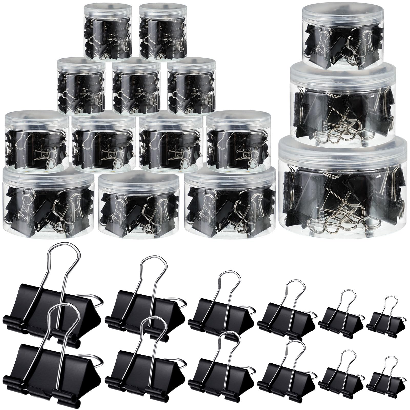 Yexiya 640 clip per raccoglitore, morsetti di carta di dimensioni assortite, colore nero, clip per raccoglitori di carta in metallo, per rilegatura nera, 6 misure, con scatola, per insegnanti di