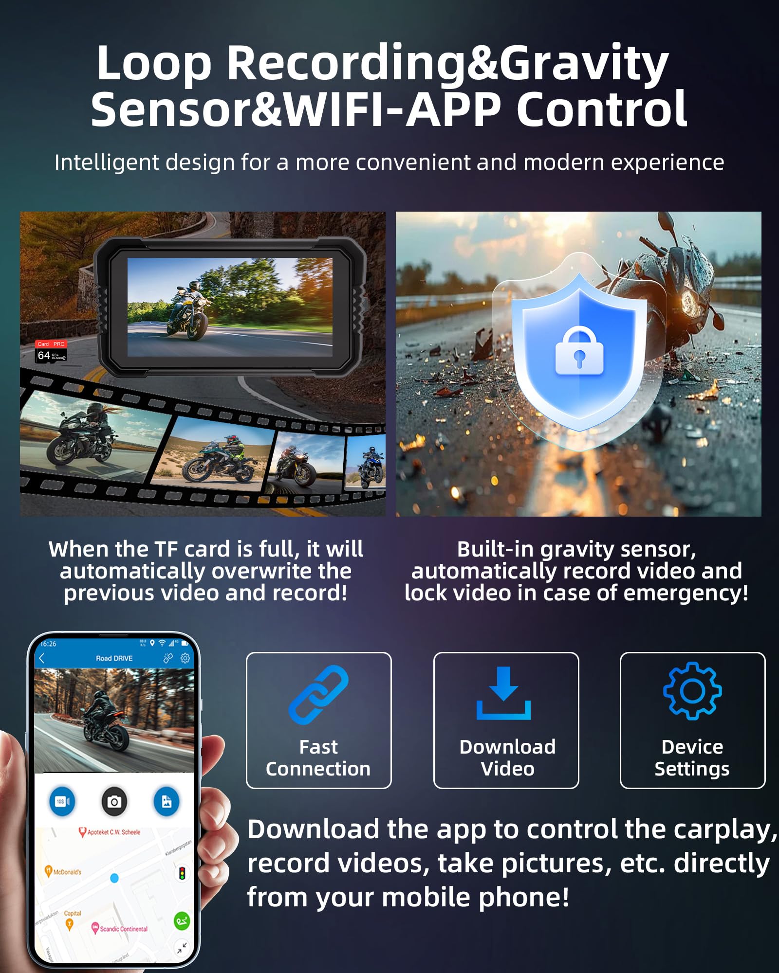 Motorcycle Carplay Android Auto 4K Dashcam 6.25" Double Camera Bluetooth IP67 GPS Navigation 64GB