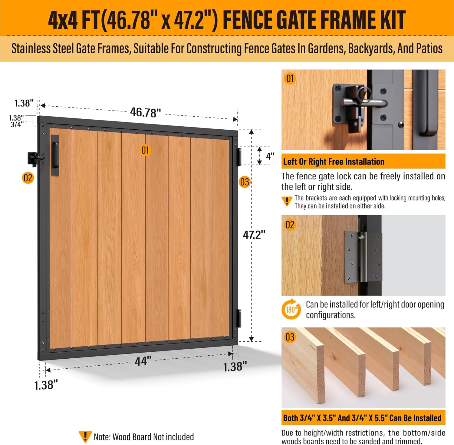 4x4FT Fence Gate Frame Kit 201 Stainless Steel Anti-Sag Heavy Duty Garden Gate Reinforcement Hardware, Left/Right Mount (No Panels Included)46.78"W x 47.2"H