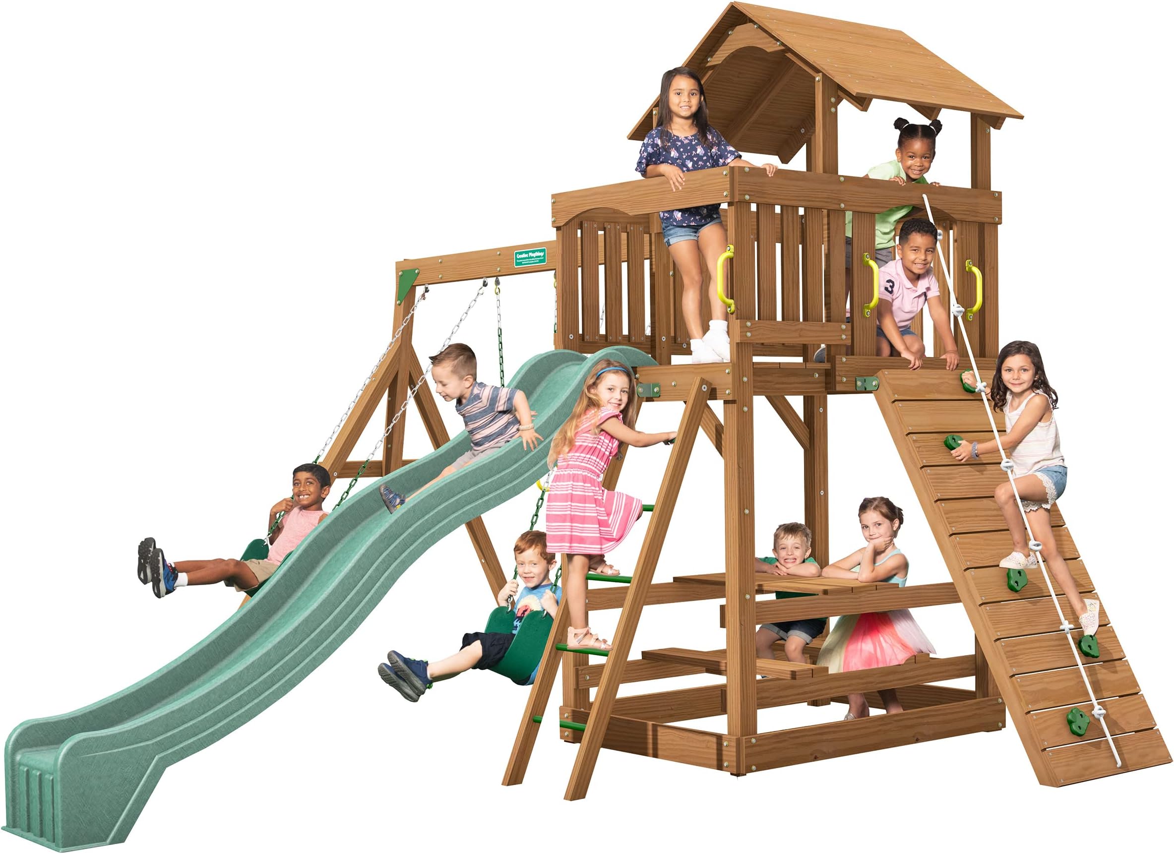 Creative Playthings Spring Hill Wooden Swing Set (Made in The USA), Includes Kids Climbing Wall, Playground Swings and Slide, 15 x 14 x 11 ft