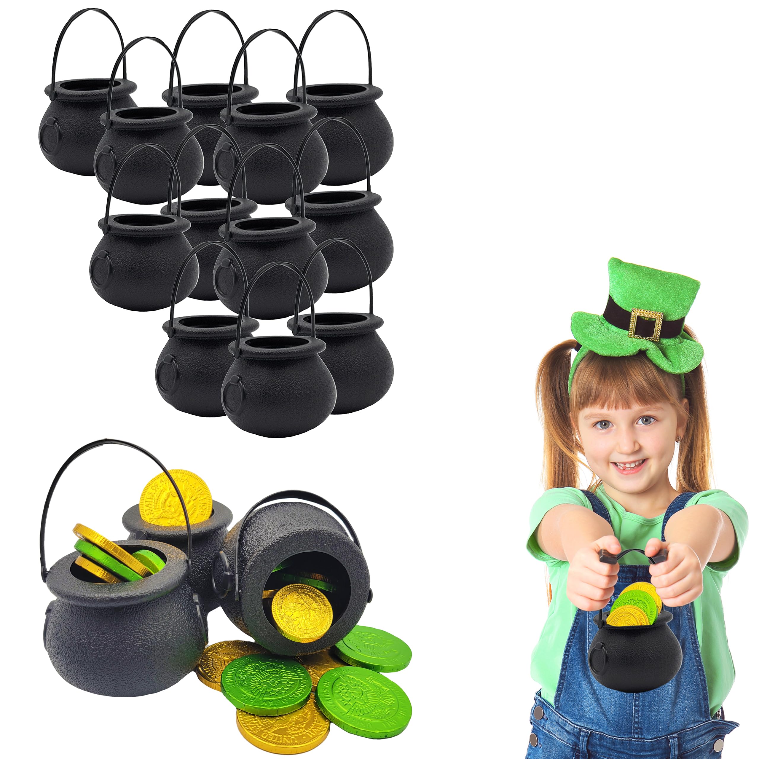 Chochkees Black Candy Cauldron Kettles, Party Decoration Supplies, St. Patrick's 3" Inches (12-Pack) Witch Pot, Candy Bucket