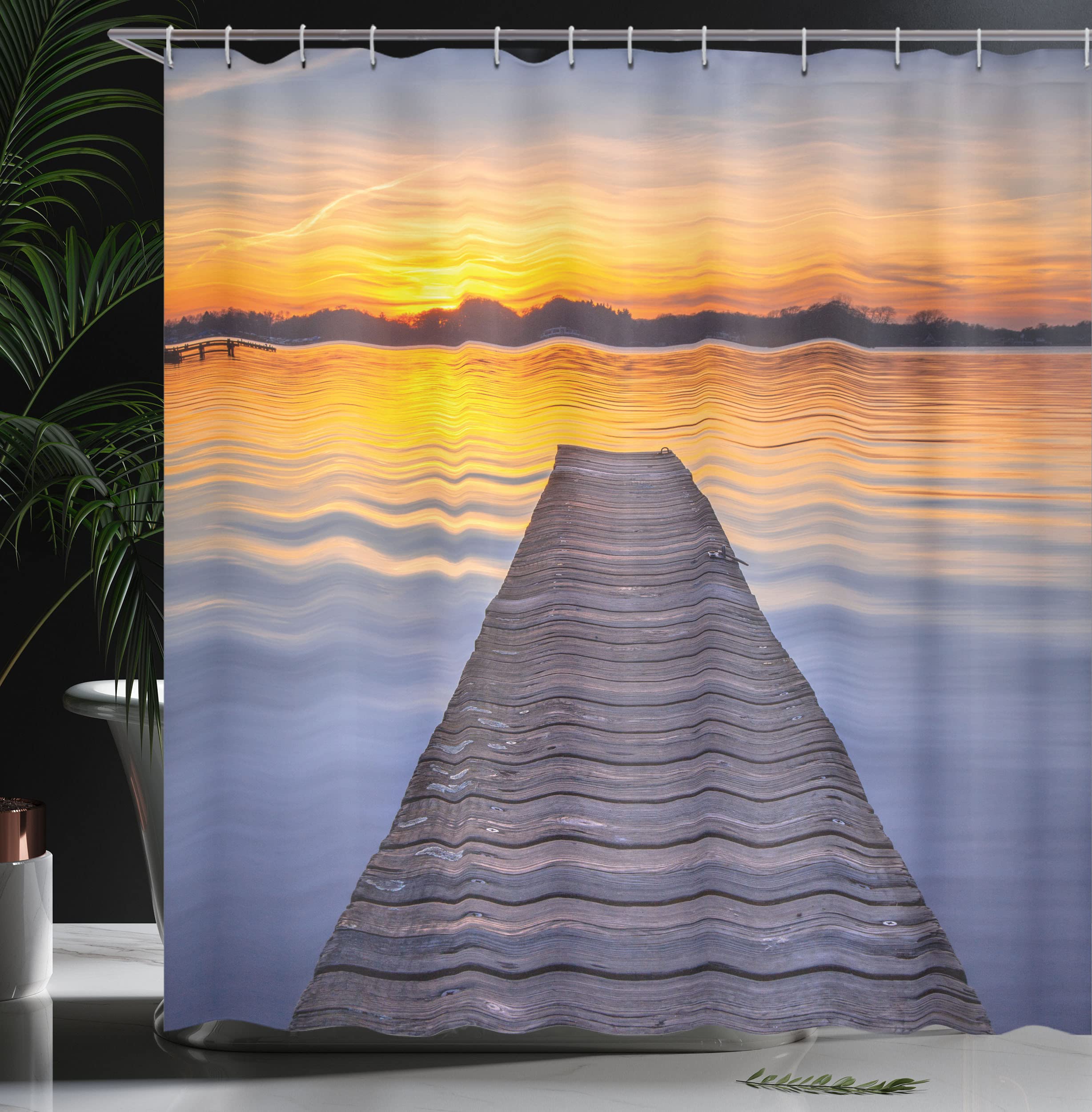 ABAKUHAUS Lake Shower Curtain, Summer Sunset over Serene Water of Lake Paterwoldsemeer with Wooden Jetty - Image 3