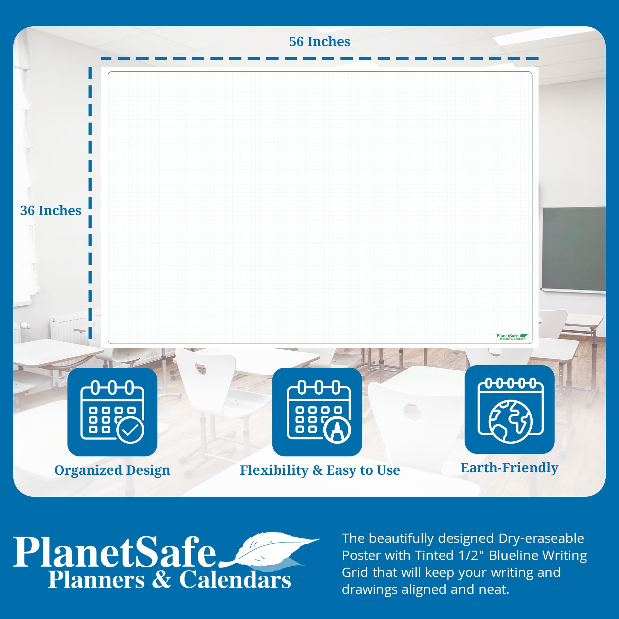 BlueLine Dry-Erase Graph Poster Board - 32x48 Inches Reusable Gridded Whiteboard With Marker & Eraser