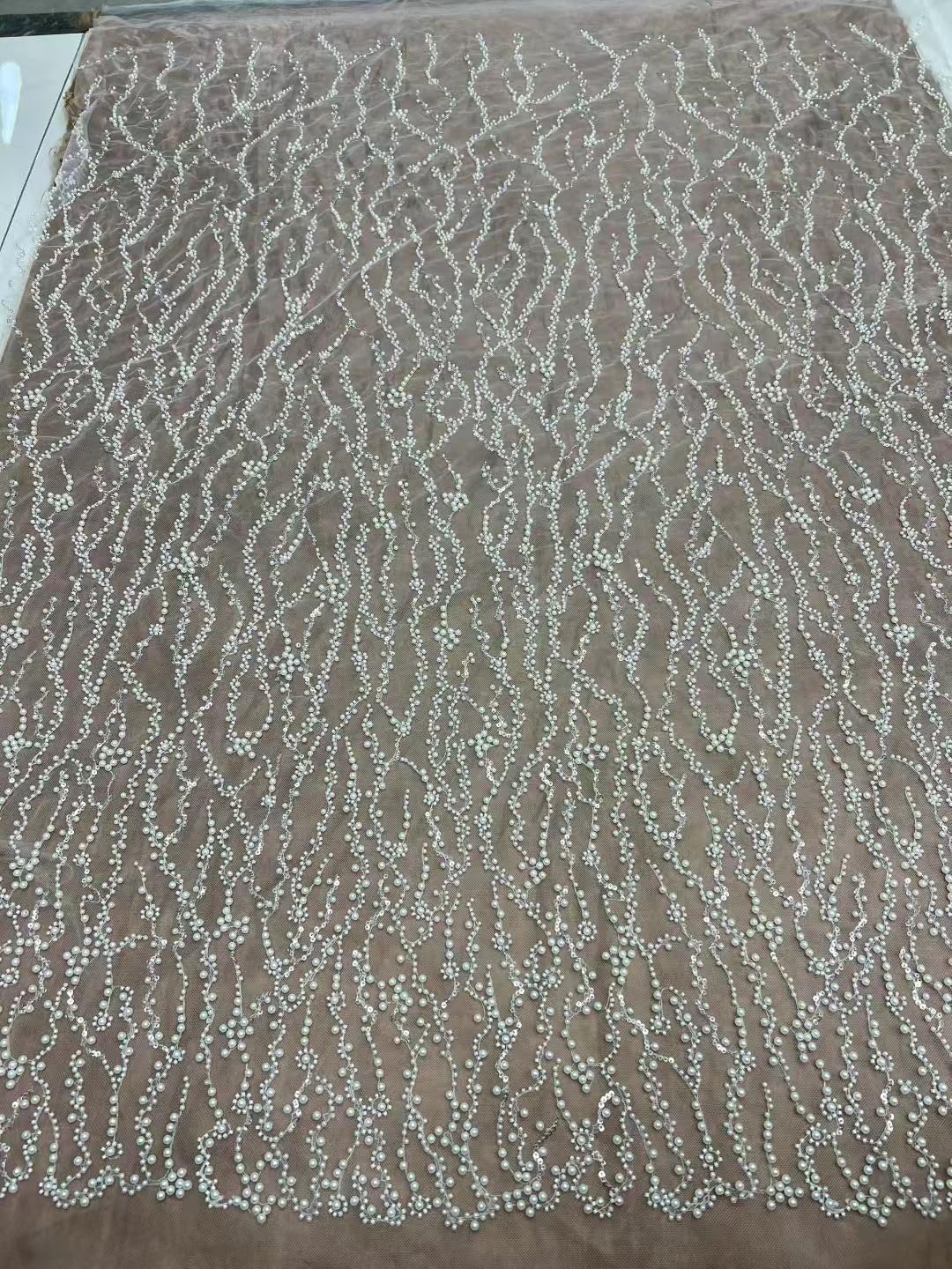 African Beaded Lace Fabric, 5 Yards, French Tulle with Sequins and Pearls for Evening Dresses (White)