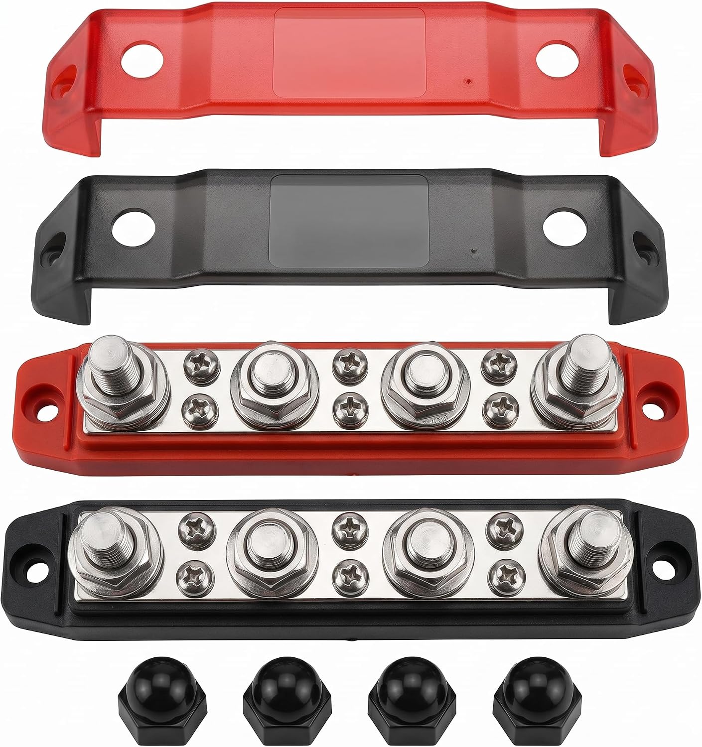 WENGART 250A Bus Bar Power Distribution Block Pair for Marine RV & Solar Installers to Stop Terminal Short Circuits via 4-Post Heavy-Duty Layout & High-Clearance Protective Covers