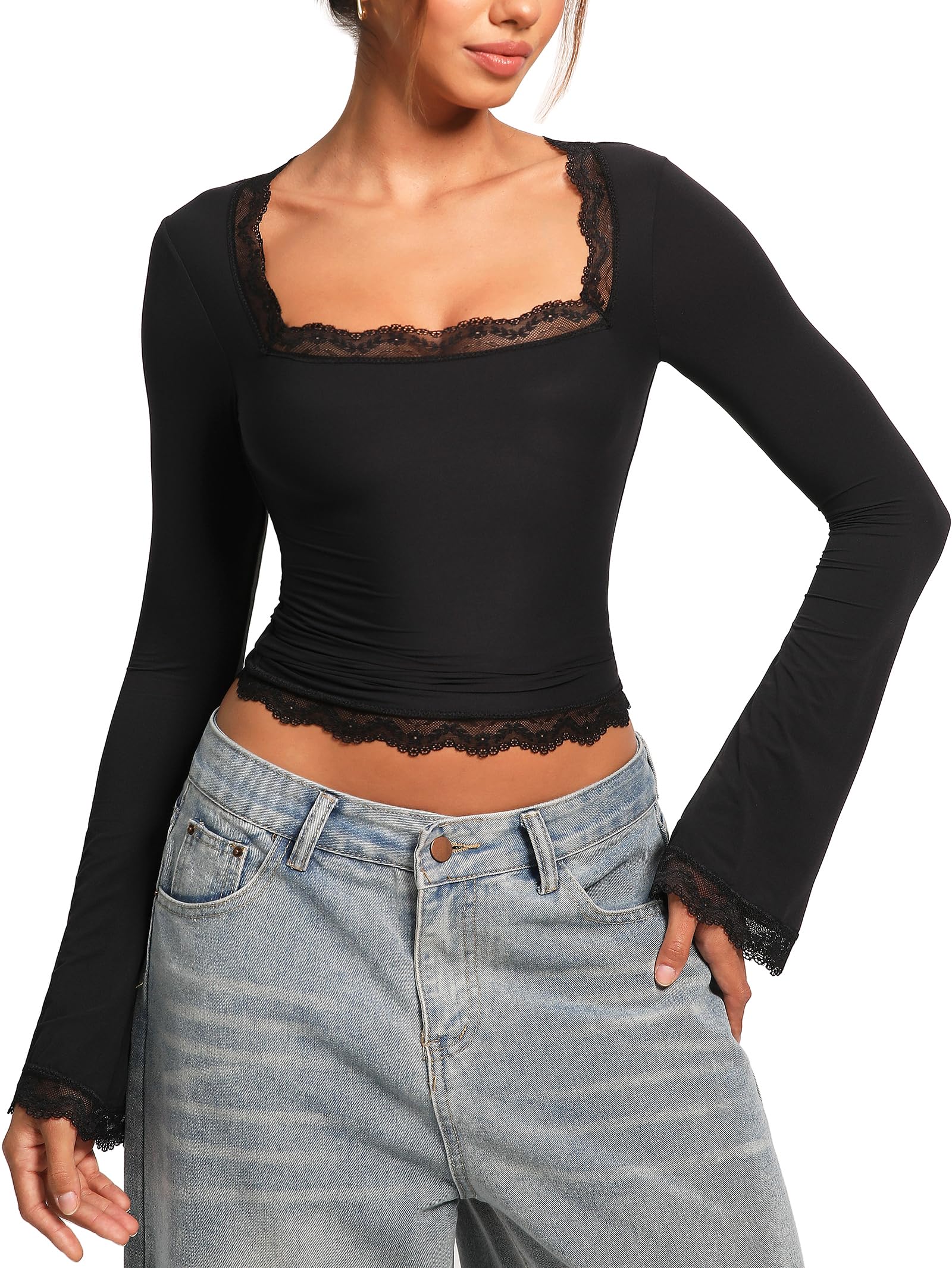 OZICERD Women Bell Long Sleeve Shirts Cute Going Out Tops Y2k Lace