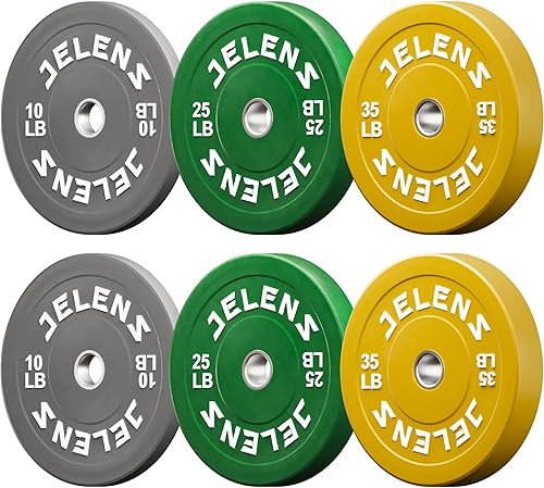 Miniatura 14 de Juego de Placas de Peso para Barra Olímpica JELENS, Juego de Pesos de Goma de 2 Pulgadas Negro/Colorido para Entrenamiento de Fuerza y Levantamiento