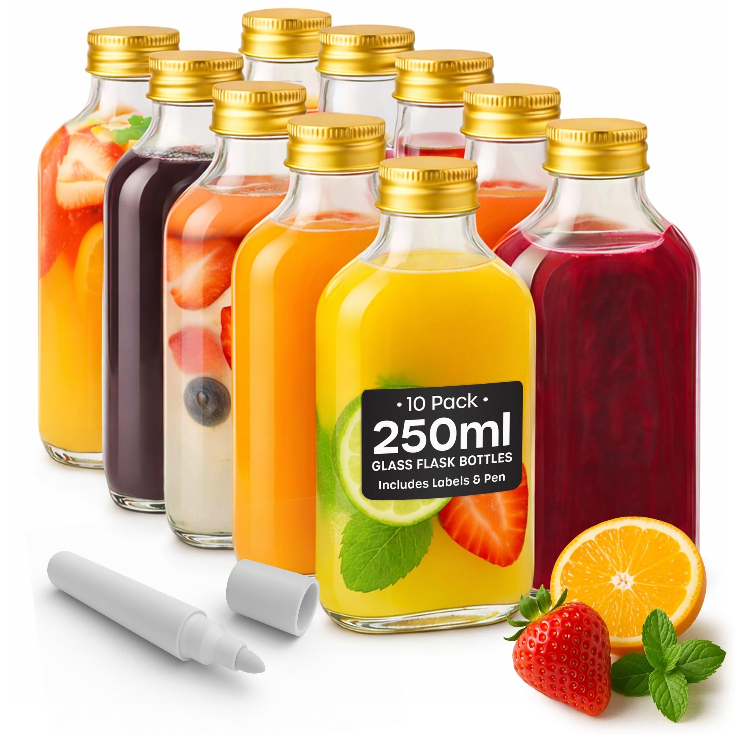 volila Glass Flask Bottles with Screw Caps, Labels and Pen - Reusable Empty Glass Bottles for Gin, Home brews or Homemade Vinegar (Gold - 250ml)