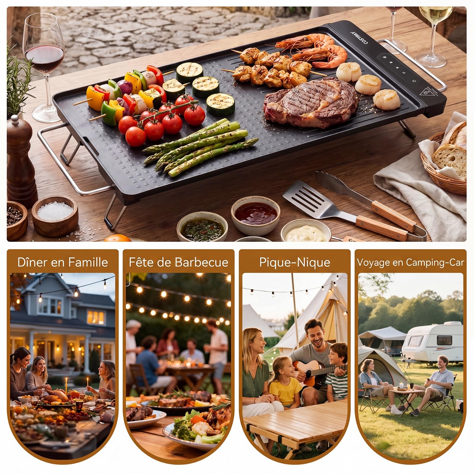 COSTWAY Plancha Gril Électrique 1300W, Plaque Antiadhérente avec Double Surface, Contrôle Tactile, Poignées, Pieds Pliables, Lavable Lave-vaisselle, Protection Surchauffe pour Voyage, Pique Nique