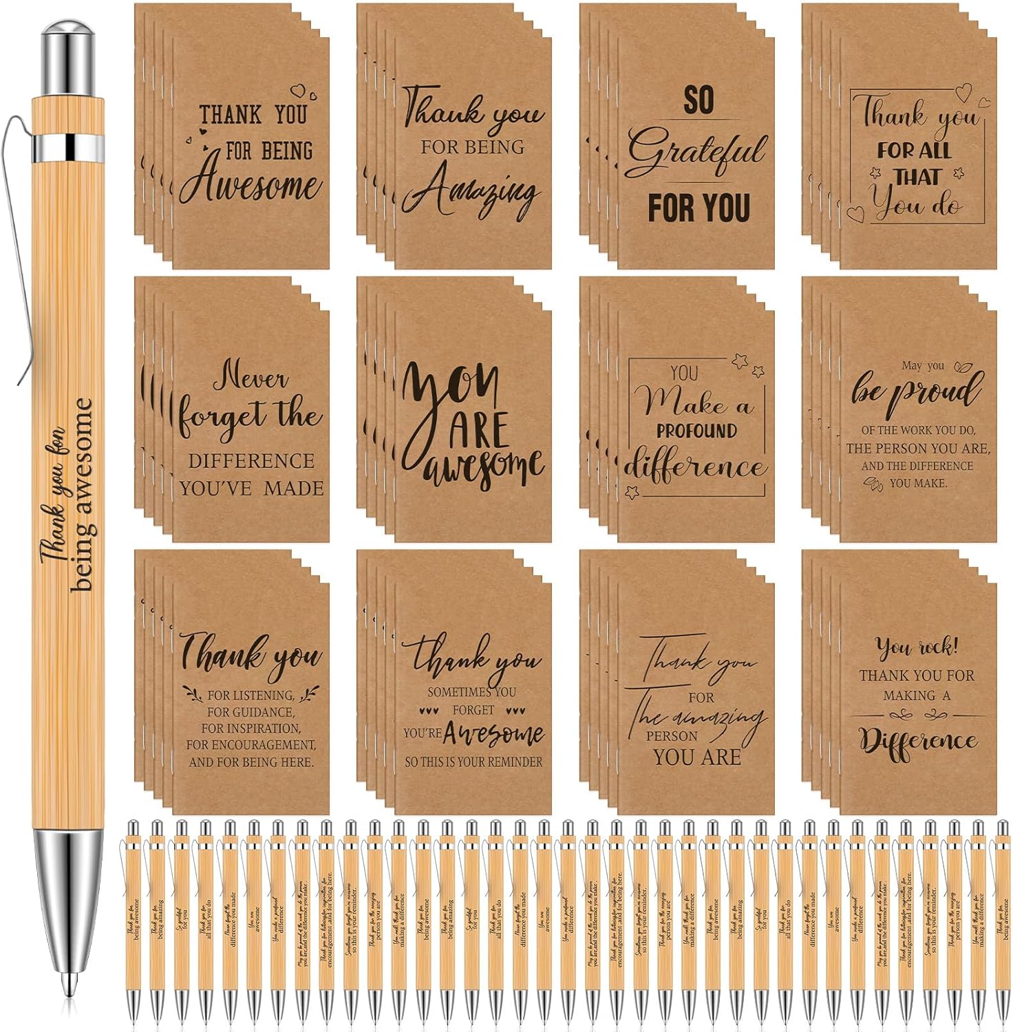 Ctosree 96 Pcs Employee Appreciation Gifts A5 Motivational Notebooks 8.3 x 5.5 Inch, Bamboo Pen Thank You Gifts Notepad Bulk for Coworker Teacher Thanksgiving School Office Supplies(Thank You)