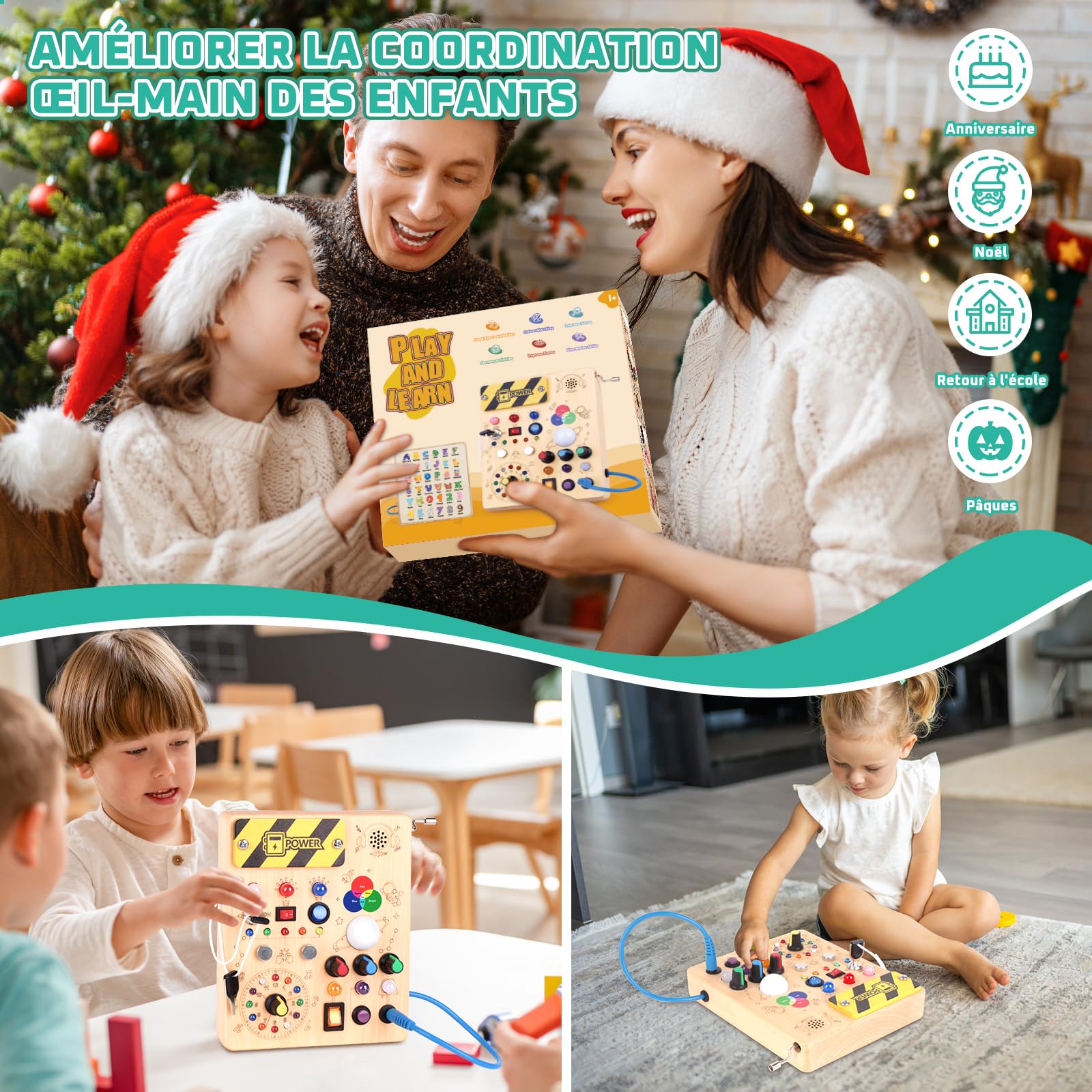Montessori Busy Board 1 an Enfants Activity Board Jouets en Bois avec 12 Interrupteurs 24 Lumières LED Jouets Sensory Learning Toys Jeux Jeu Montessori Jouet Enfant Bebe 1 2 3 Ans Cadeau Enfant