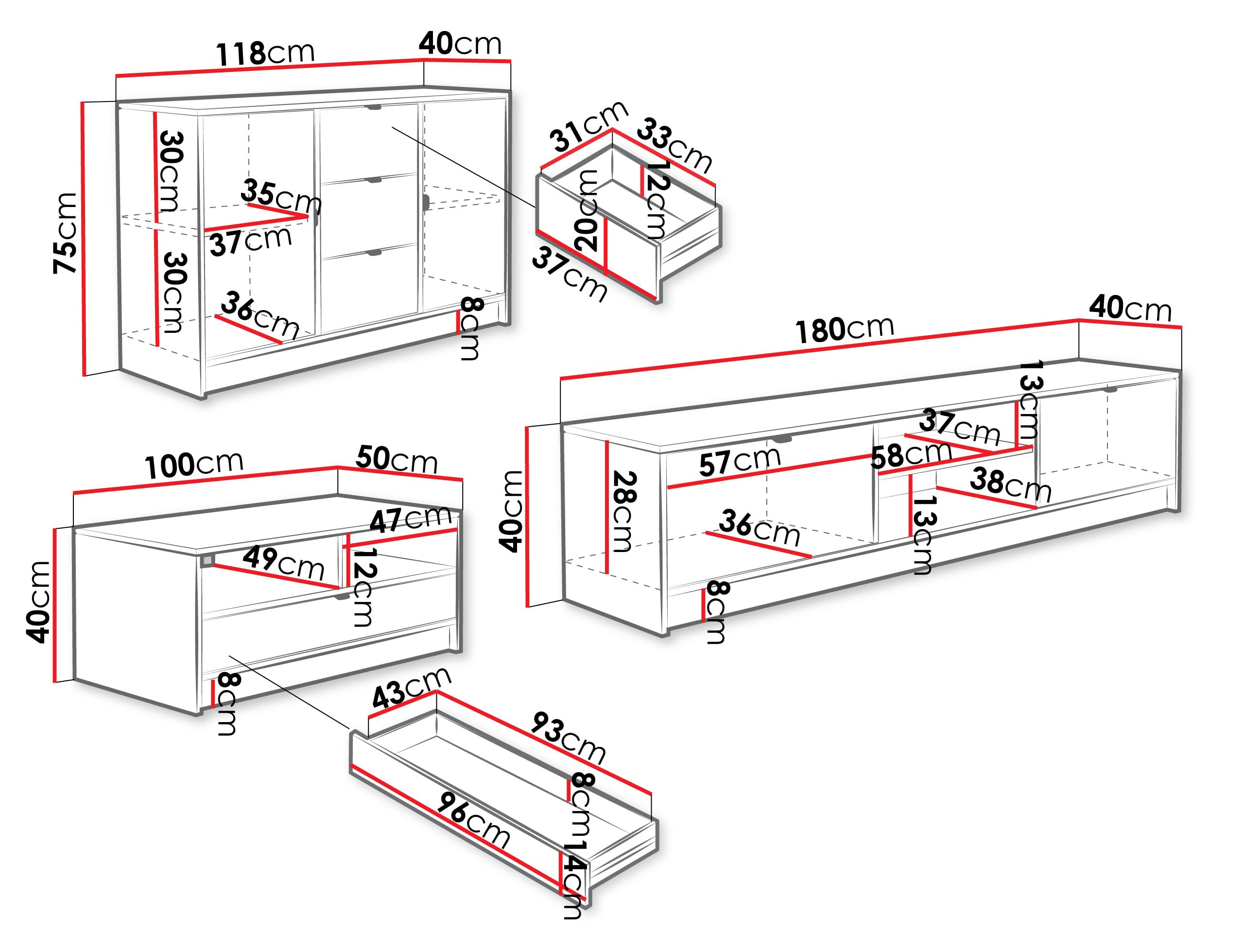 Mirjan24 Wohnzimmer-Set Tireno I, Anbauwand, Wohnzimmerschrank, Schrankwand, geriffelte Fronten, im Set: Kommode, Couchtisch, TV Schrank (Sandbeige)
