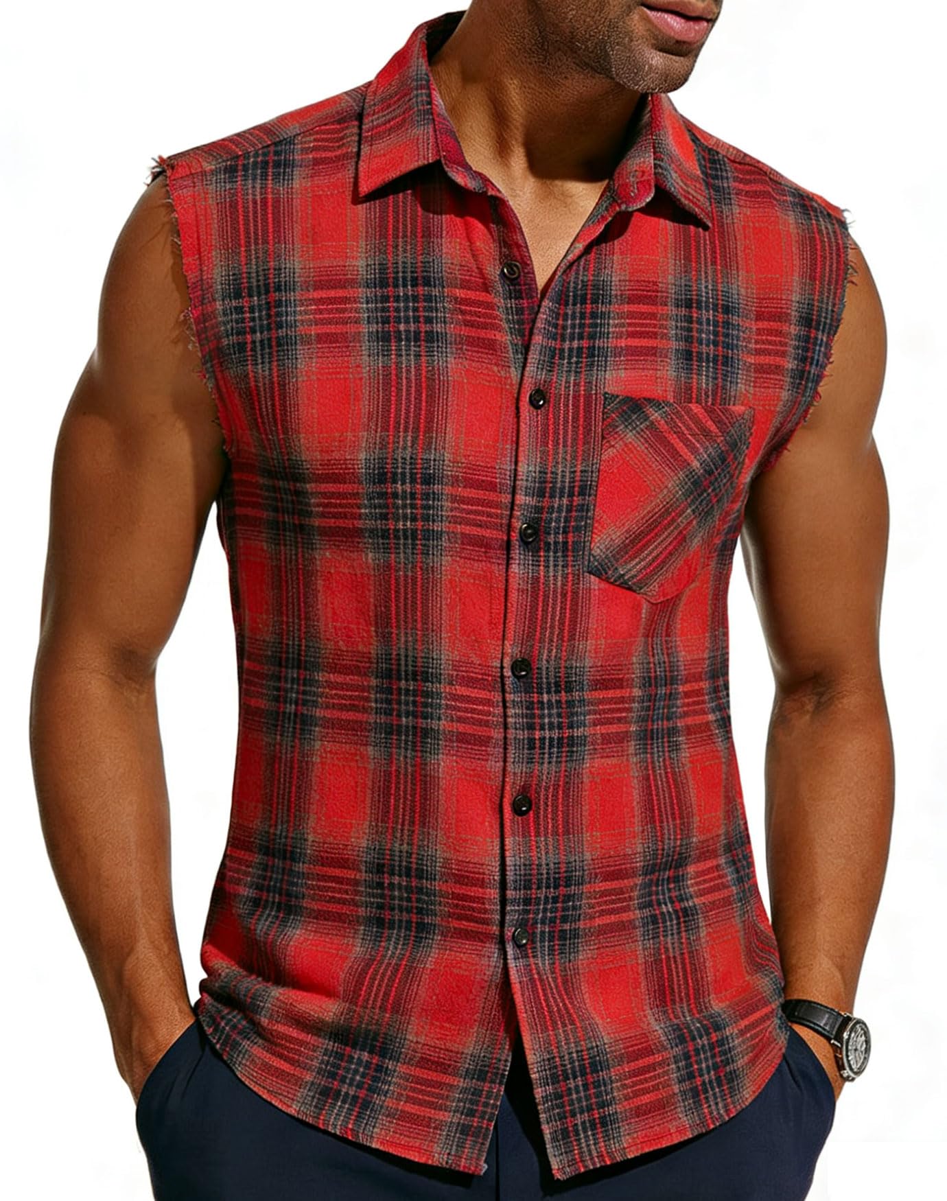 JG JENNY GHOO Men's Sleeveless Flannel Plaid Shirt - Light and Breathable, Retro, Suitable for Spring and Summer Casual Wear