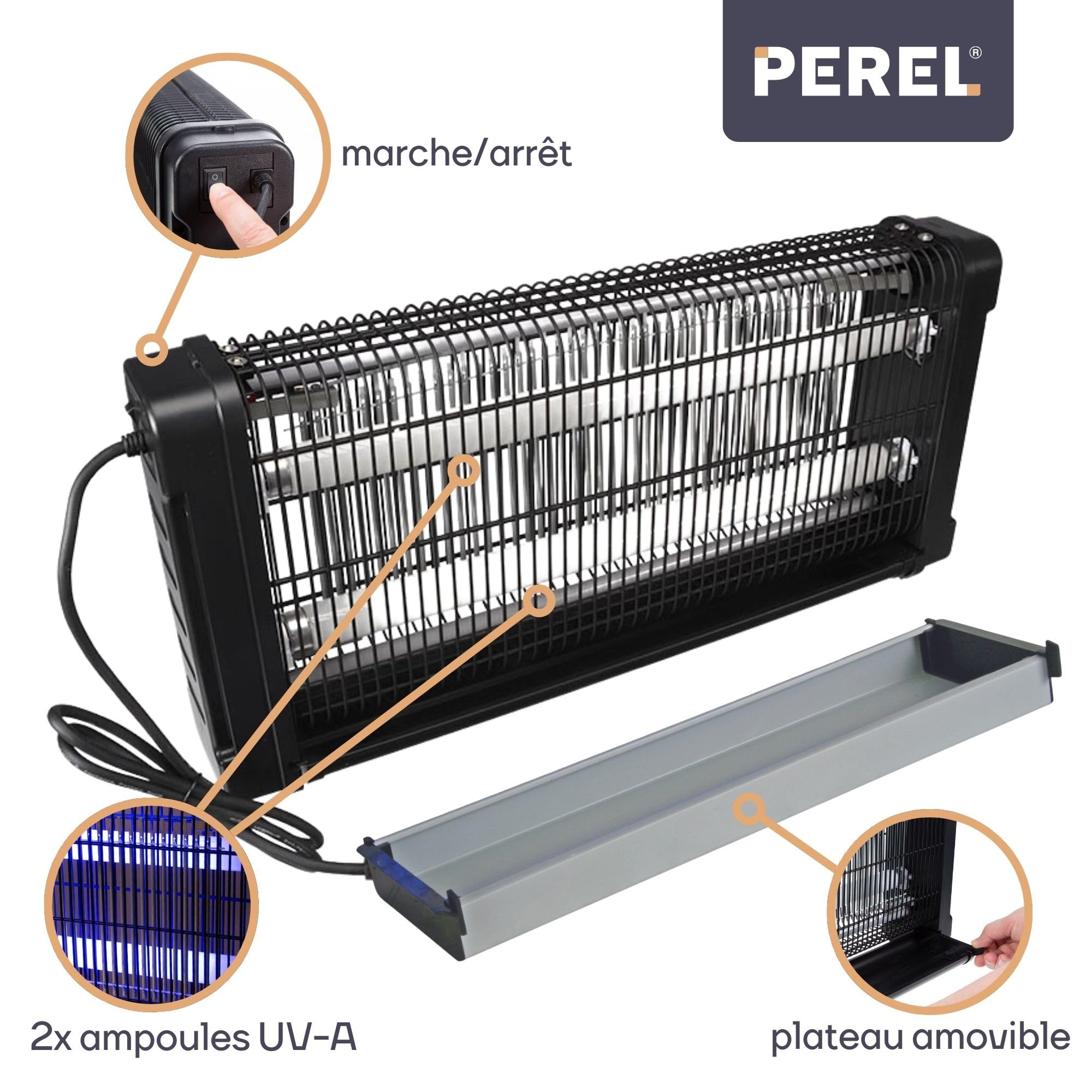 Perel Tueur d' Insectes UV électrique intérieur, Grille 2800V, Appareil Silencieux avec bac métallique Amovible, Couverture 100 m², Solution sans Produits Chimiques