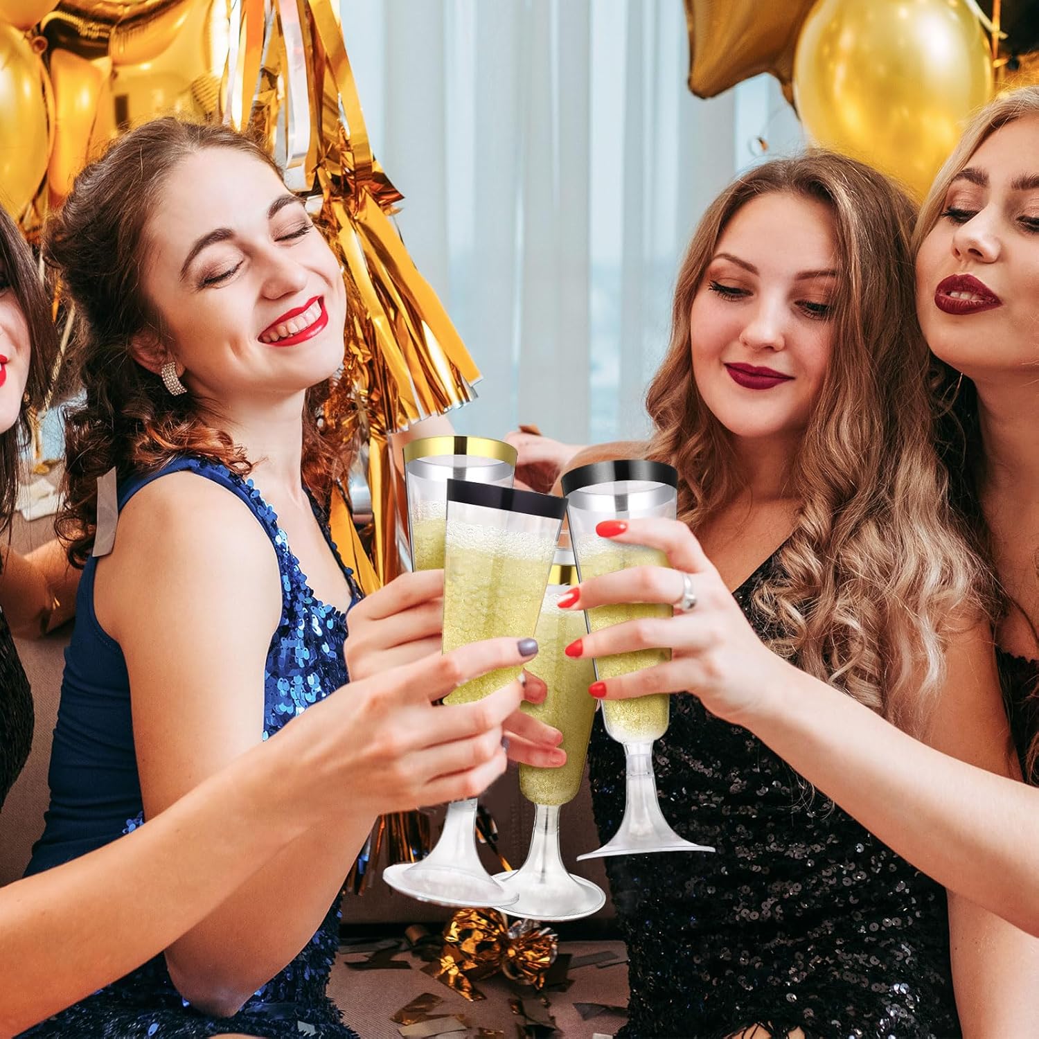 24 Pcs Plastic Champagne Flutes 4 oz Clear Toasting Glasses Plastic Wine Glasses Cocktail Cup for Valentine Wedding Bridal Shower Birthday Anniversary(Gold,Black) - Image 6