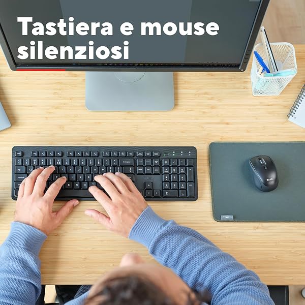 Trust Ymo II Set Tastiera e Mouse Wireless Silenziosi Italiano QWERTY, Tasti a Profilo Ribassato, Resistente agli Sversamenti, Unico Ricevitore USB, Kit Senza Fili per PC, Laptop, Mac, Windows - Nero - 5