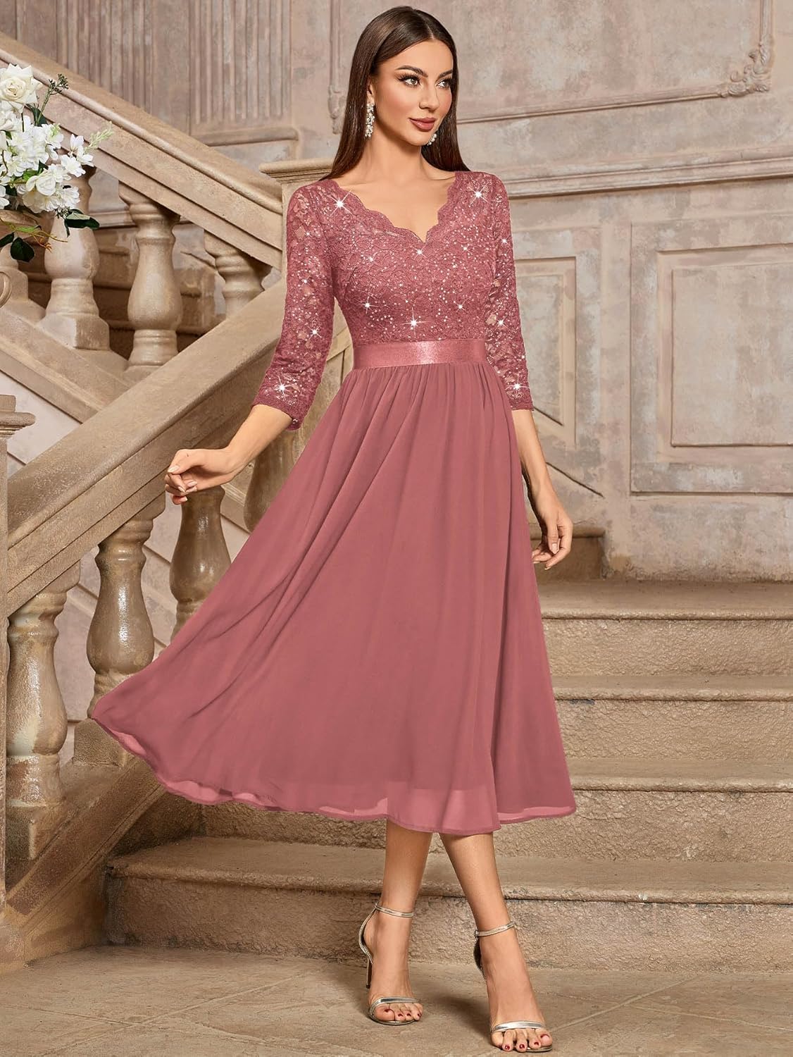 Miusol Women's Elegant V Neck Sequin Lace Sleeve Bridesmaid Party A-line Dress - Image 3