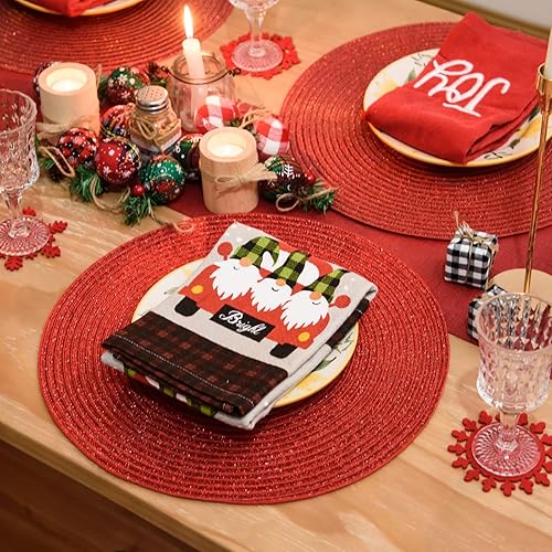 Miniatura 3 de FunWheat Juego de 6 manteles individuales redondos trenzados para mesas de comedor, tejidos, lavables, antideslizantes, para decoración (rojo