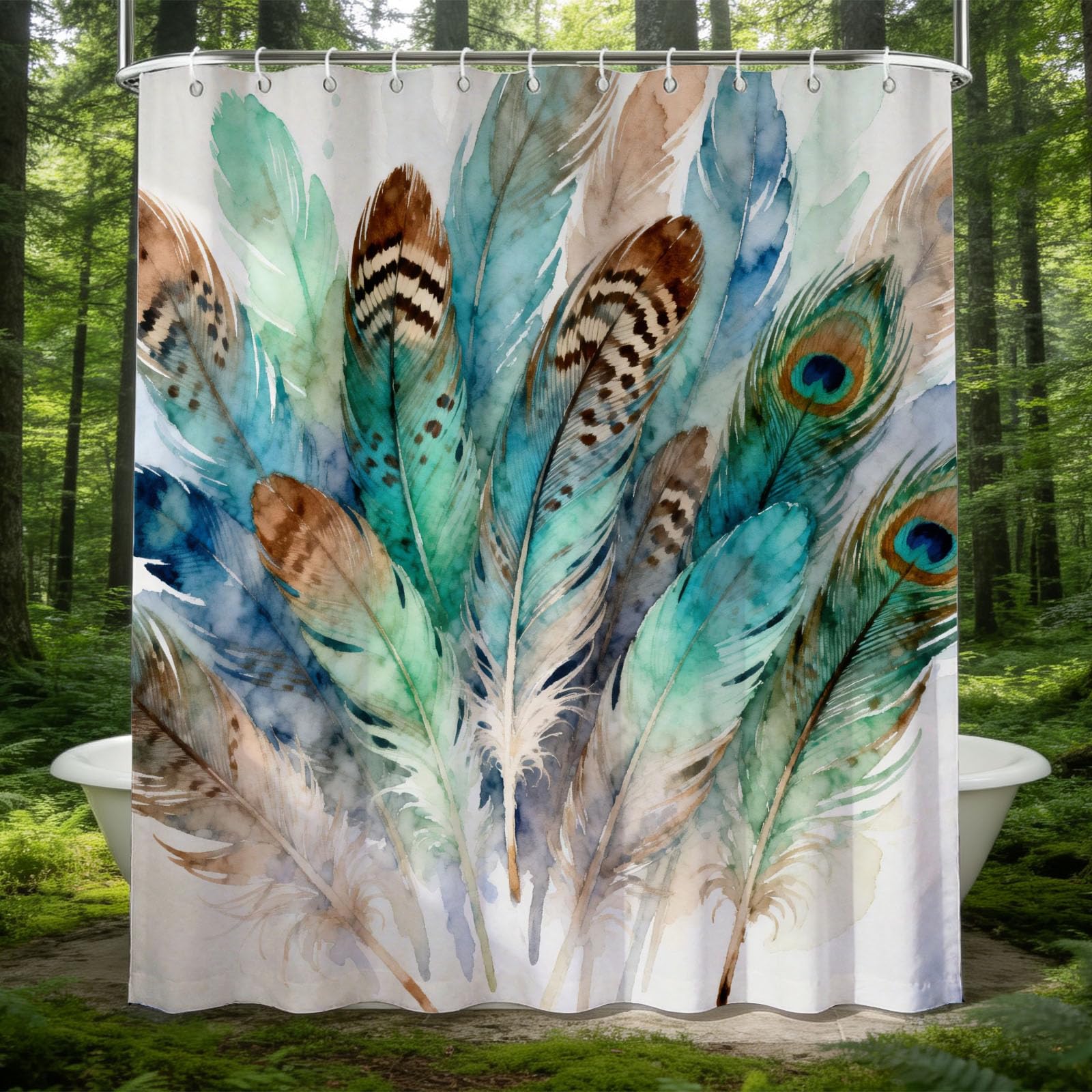 Hongduo 3D Feather Shower Curtain for Stalls Bathtubs Watercoloring Bathroom Decor Shower Curtain Set Polyester Fabric Waterproof 180x180cm/71X71 Inch with Hooks