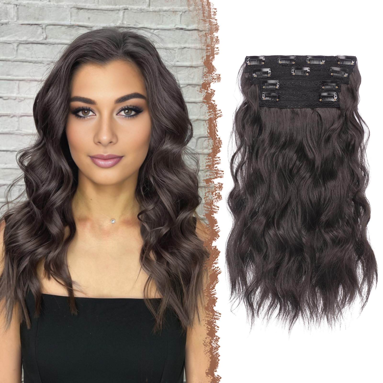 FESHFEN Clip in Hair Extensions 4PCs Long Wavy Thick Hair Piece Highlighted Full Head Synthetic Natural Curly Natural Black Extension for Women 16 Inch