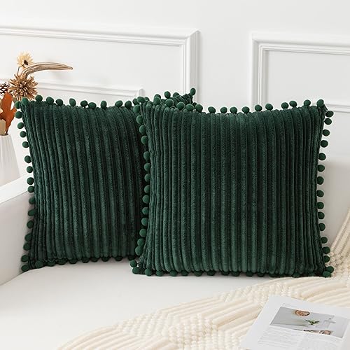 Miniatura 8 de UGASA - Fundas de almohada decorativas suaves y bohemias con pompones, paquete de 2 fundas cuadradas de franela a rayas modernas para sofá,