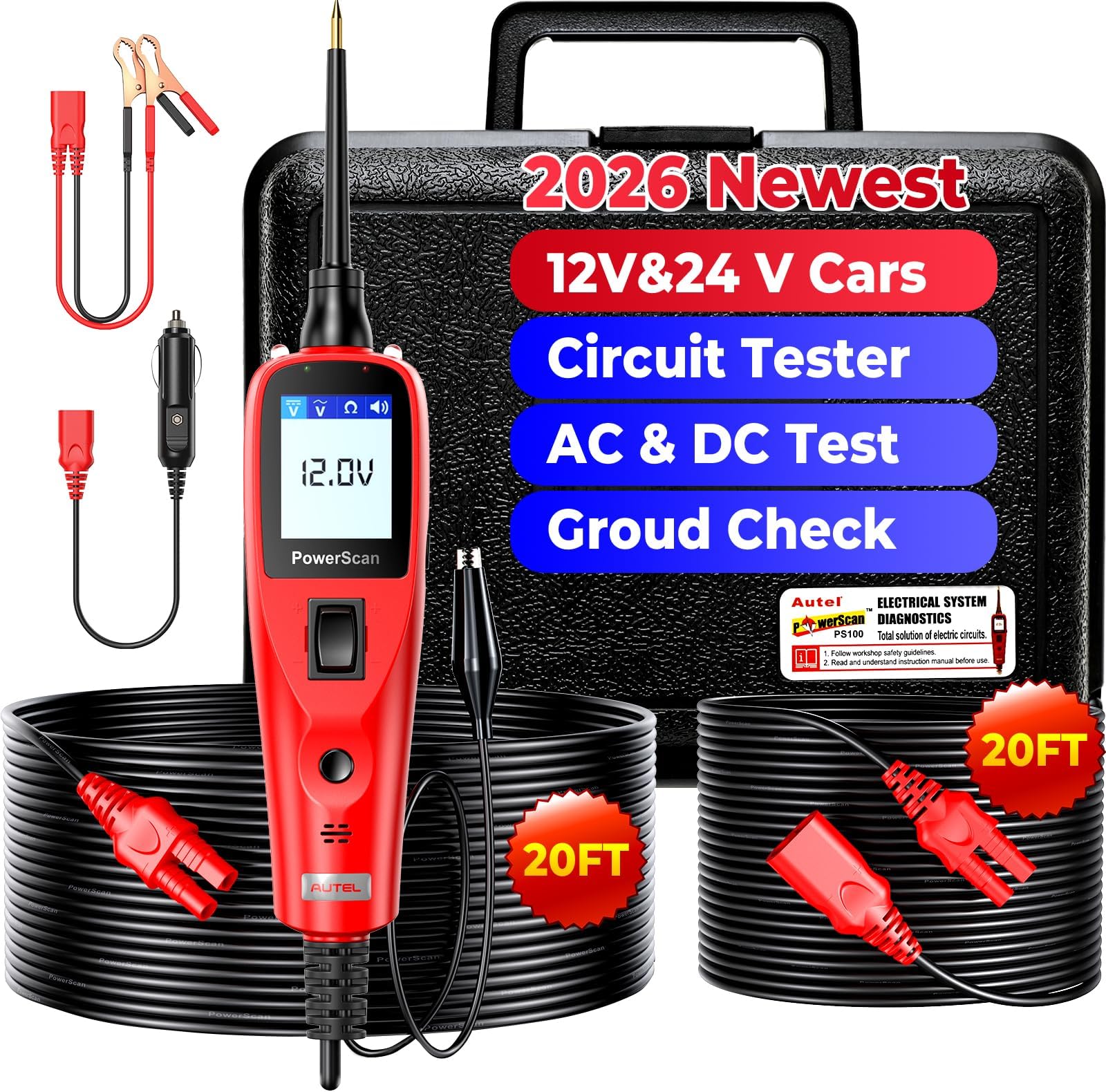 Autel PowerScan Circuit Tester 2026, Power Circuit Probe Tool，12V-24V Electrical Short Open Breaker Circuit Finder, AC/DC Voltage Resistance Duty Cycle Activating Component, w/ 20ft Extension Cable