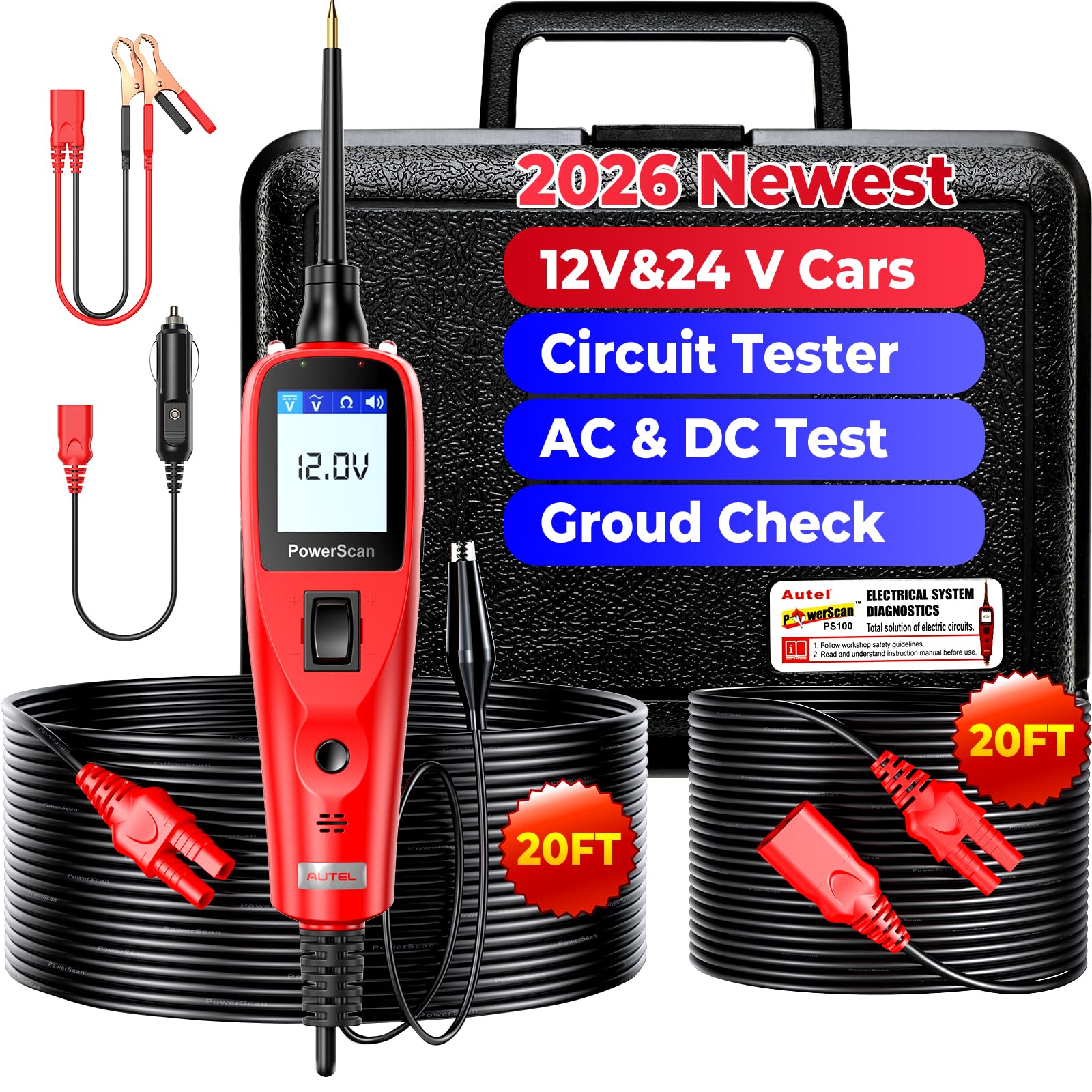 Autel PowerScan Circuit Tester 2026, Power Circuit Probe Tool，12V-24V Electrical Short Open Breaker Circuit Finder, AC/DC Voltage Resistance Duty Cycle Activating Component, w/ 20ft Extension Cable