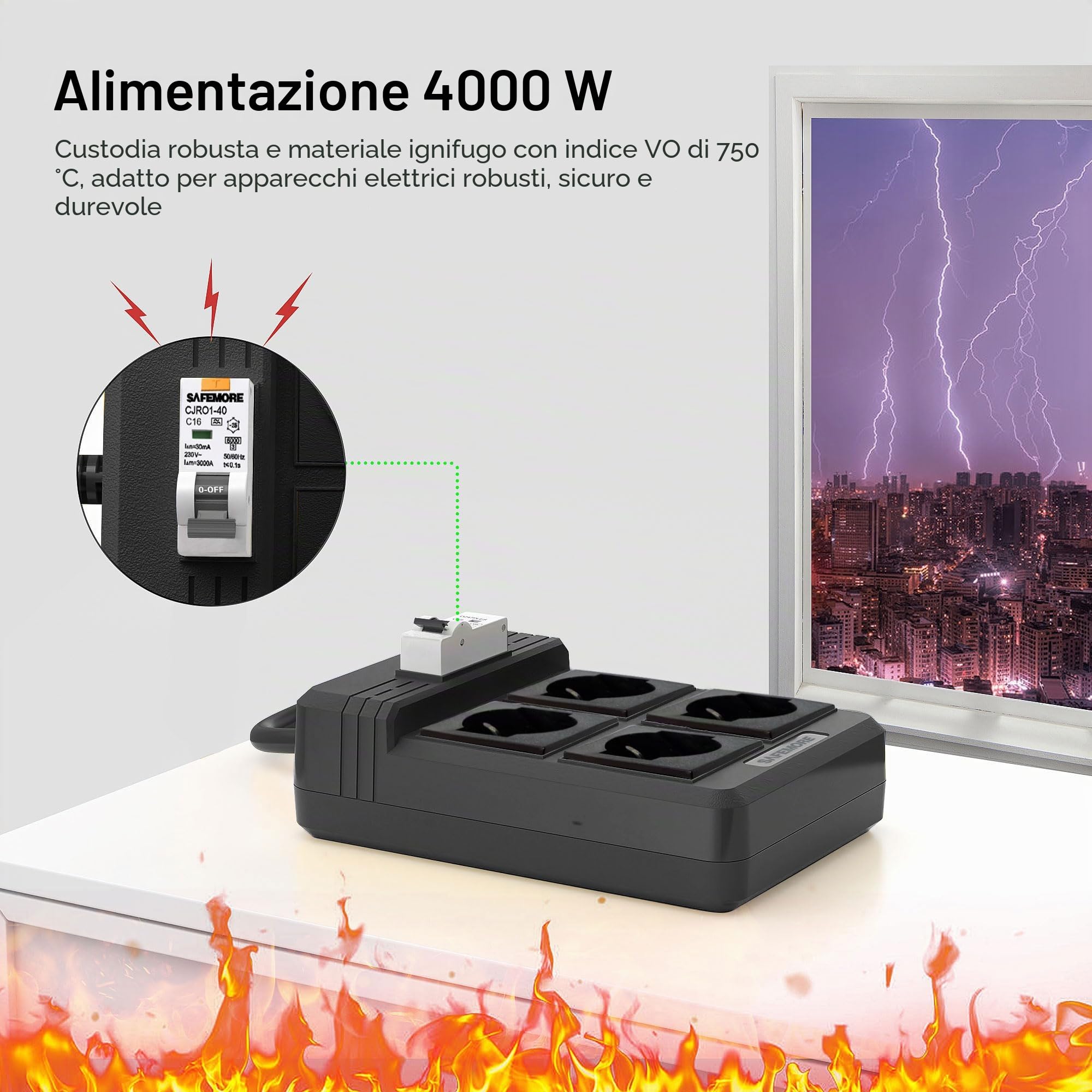 Presa Multipla con Interruttore Salvavita Integrato, 4 Prese con Protezione RCD 16A/250V, Ciabatta Salvavita 4000W con Cavo di Prolunga da 3m e Interruttore Differenziale 30mA RCBO (Solo per l'Italia)