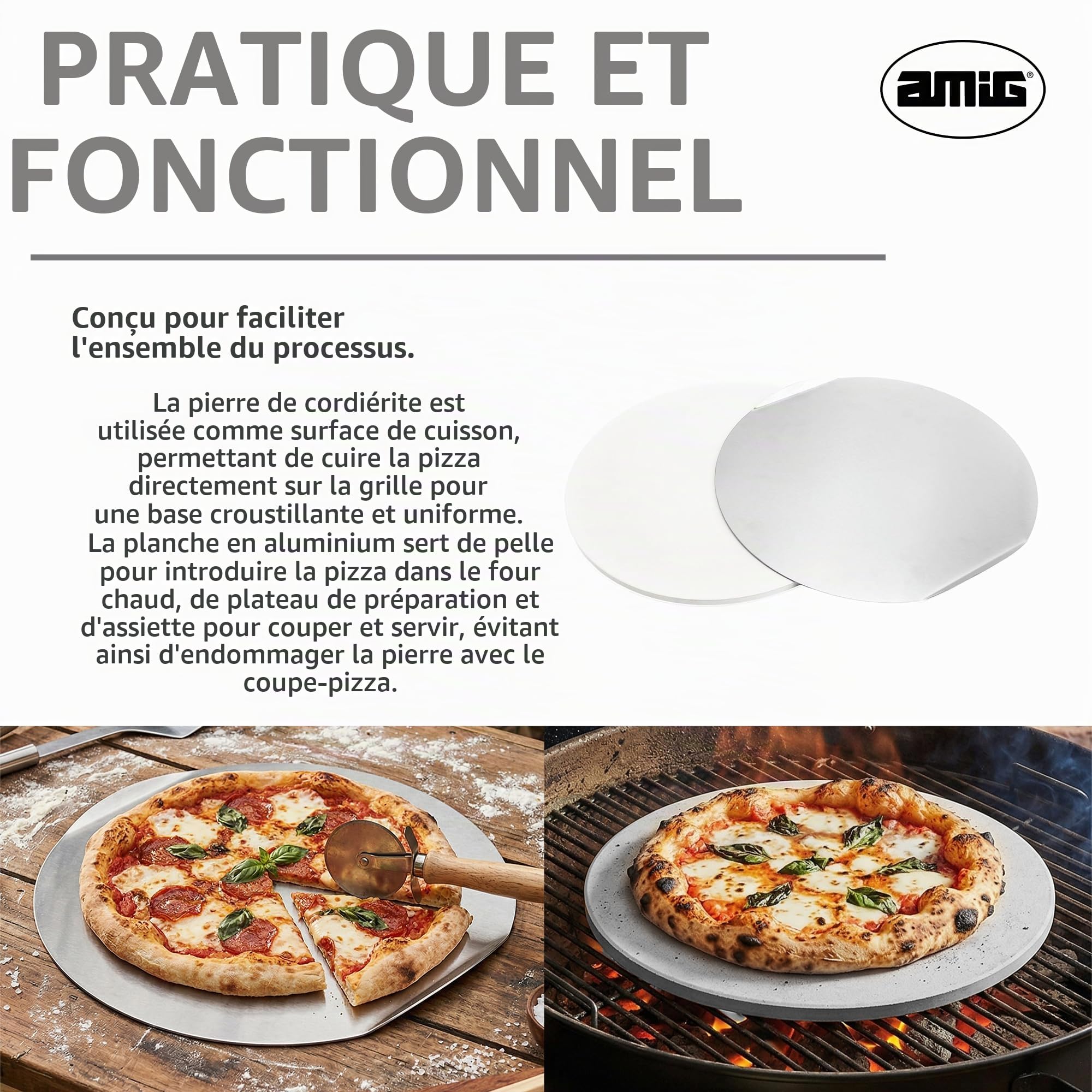Amig – Kit pour pizza au barbecue – Pierre en cordiérite et plaque en aluminium – Diamètre de la pierre 33 cm – Diamètre de la plaque 31,5 cm – Compatible four et barbecue – Mod. AM27