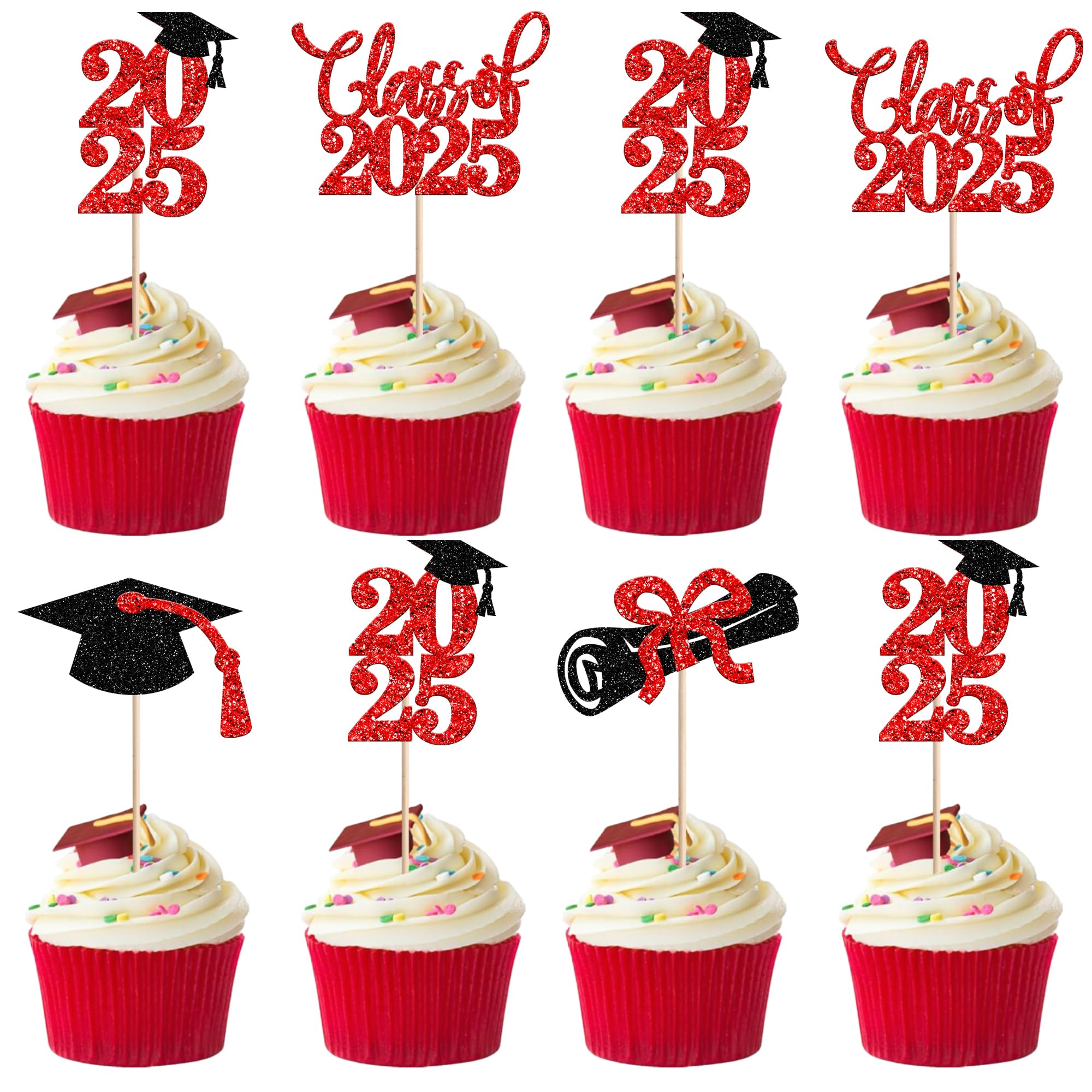 Rsstarxi 24 Pack Graduation Cupcake Toppers 2025 Red and Bluck Class of 2025 Decorations Cap Diploma Cupcake Picks for 2025 Graduation Theme Party Cake Decorations