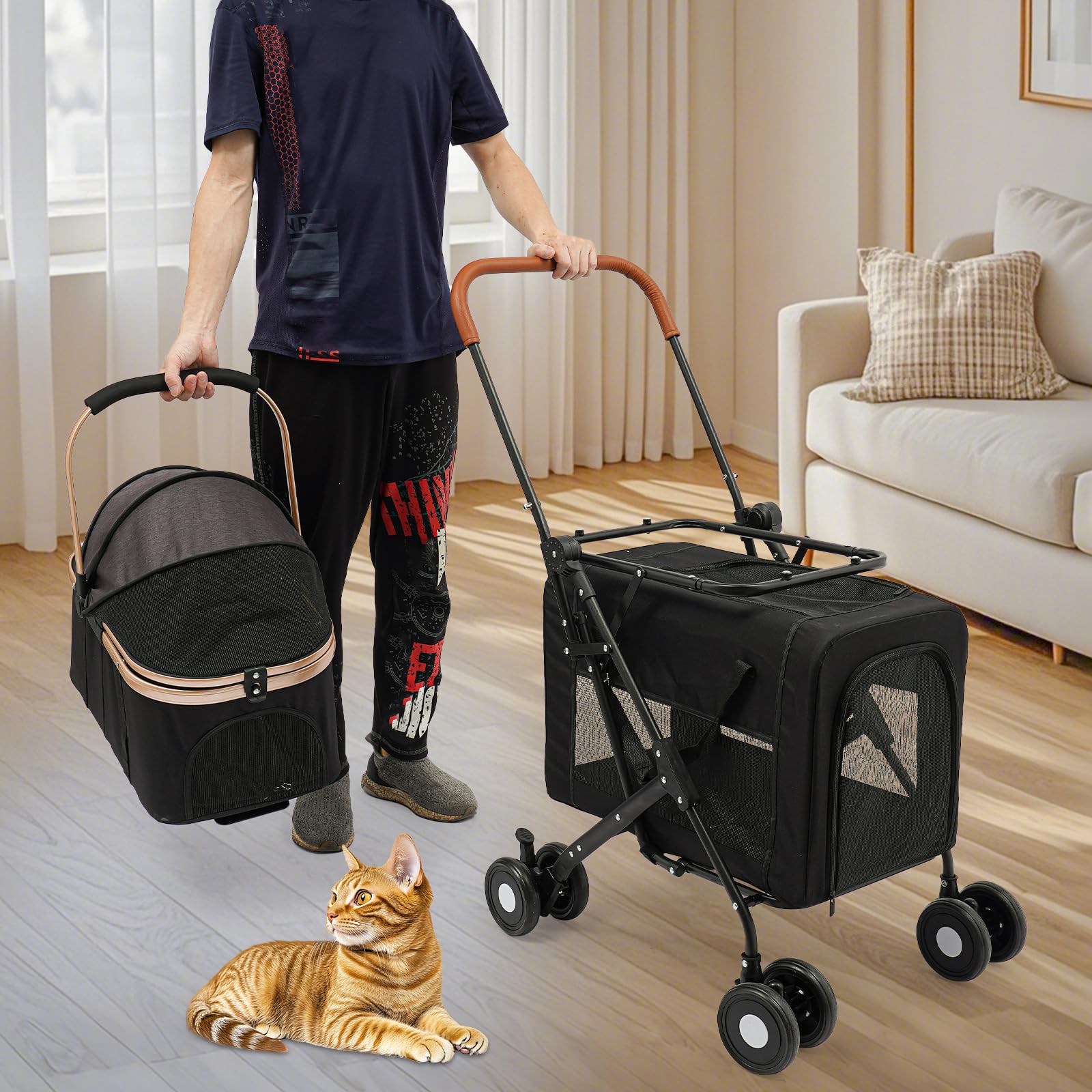 Cztery koła do cichej jazdy, ergonomiczny uchwyt do ciągnięcia i stabilna rama stalowa, dwupoziomowa konstrukcja, wózek dla psa, do 35 kg, składany wózek dla kotów, wózek dla psa, składany wózek dla