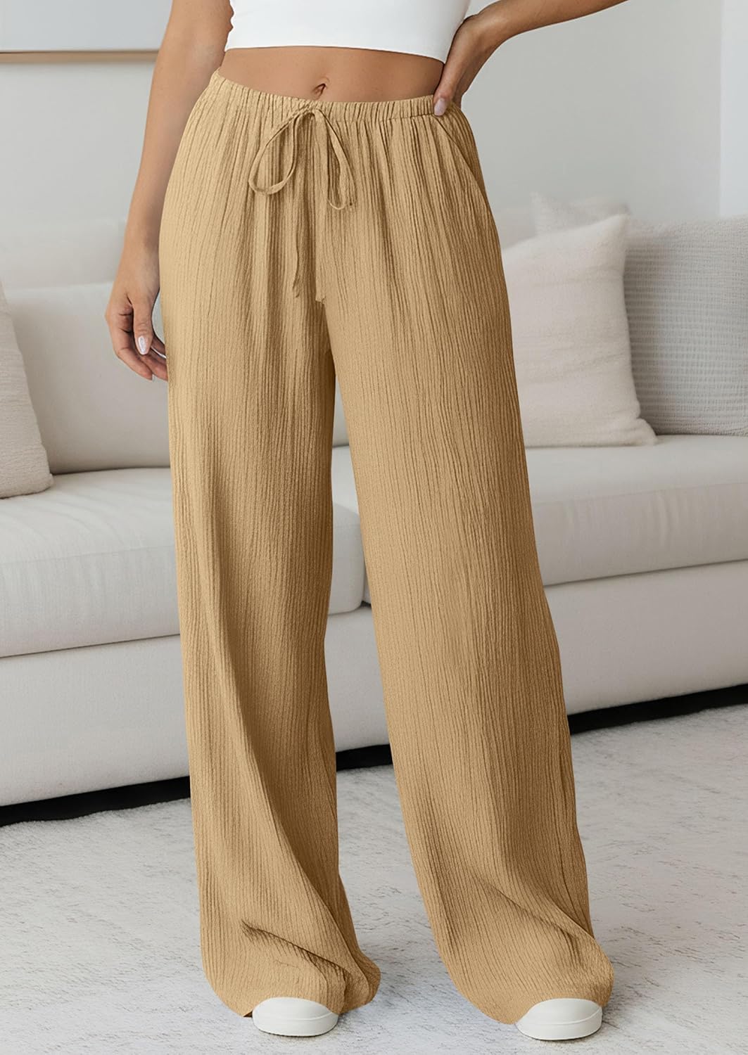 PRETTYGARDEN Womens Palazzo Pants Summer Fashion 2026 High Waisted Wide Leg Drawstring Flowy Beach Trousers with Pockets - Image 8