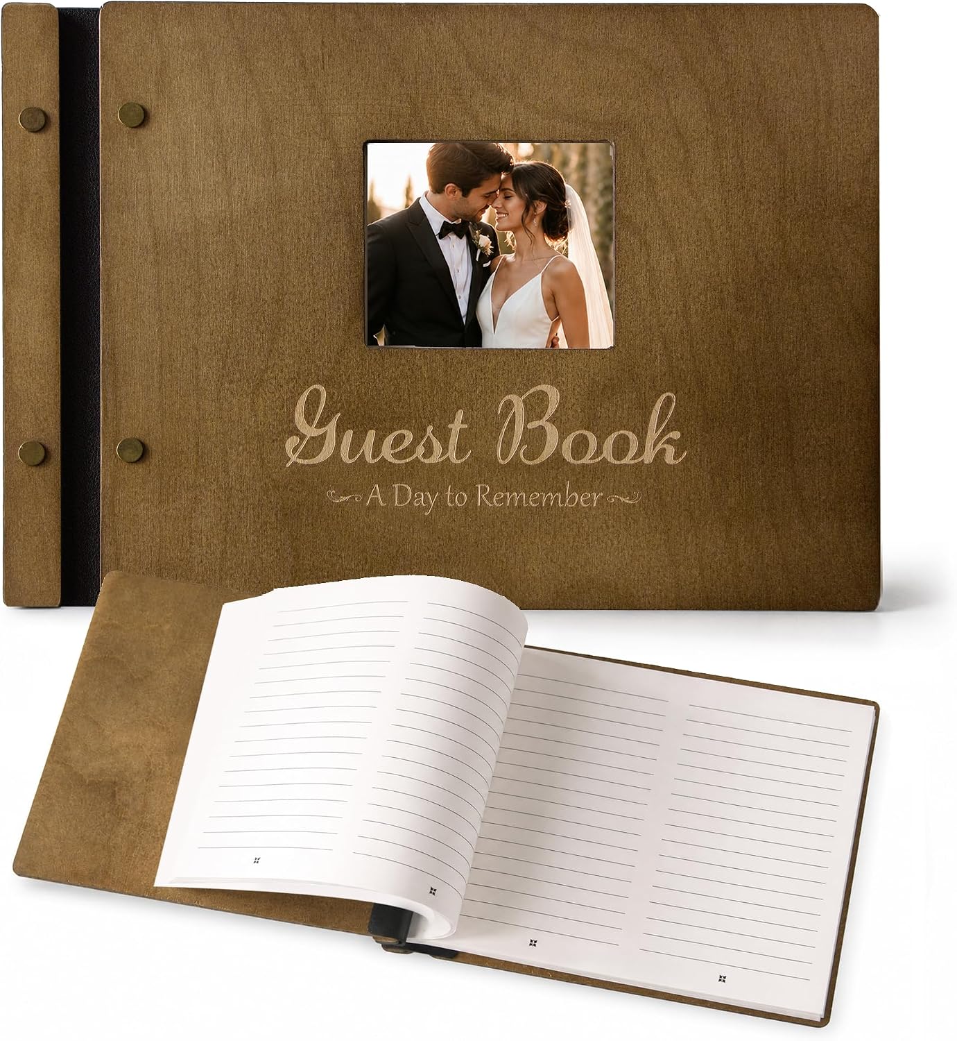 Hardcover Wood Wedding Guest Book for Reception with Personalized Photo Window Cover - 240 Guest Sign in Vintage Memory Book with Lines & Writing Space - for Graduation, Anniversary & Birthday Party
