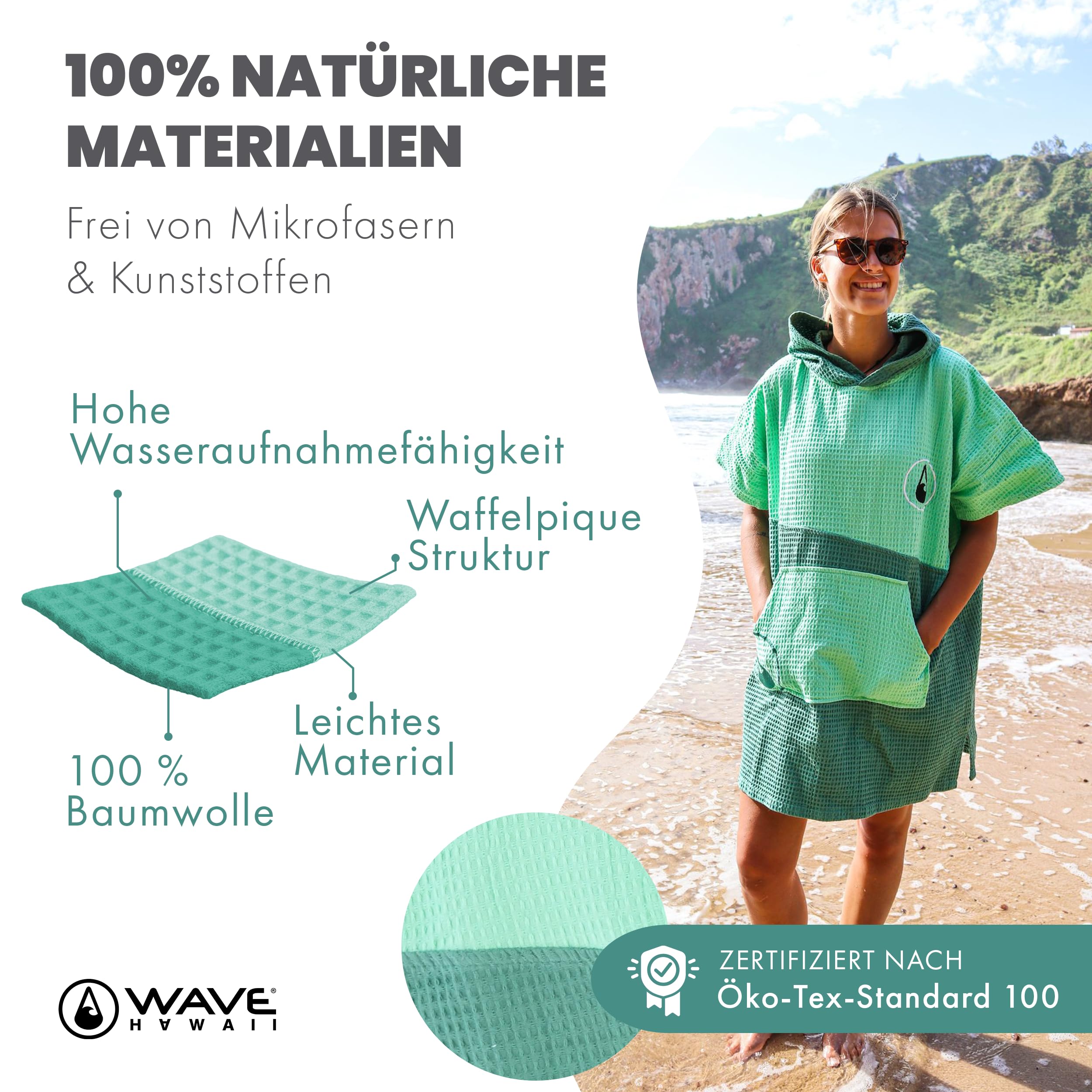 WAVE HAWAII Bade-Poncho Damen & Herren, Größe S/M, 150-180cm, 100% Baumwolle Surf-Poncho Erwachsene, Travel-Poncho Handtuch mit hoher Wasserabsorption, Umziehhilfe Strand Erwachsene