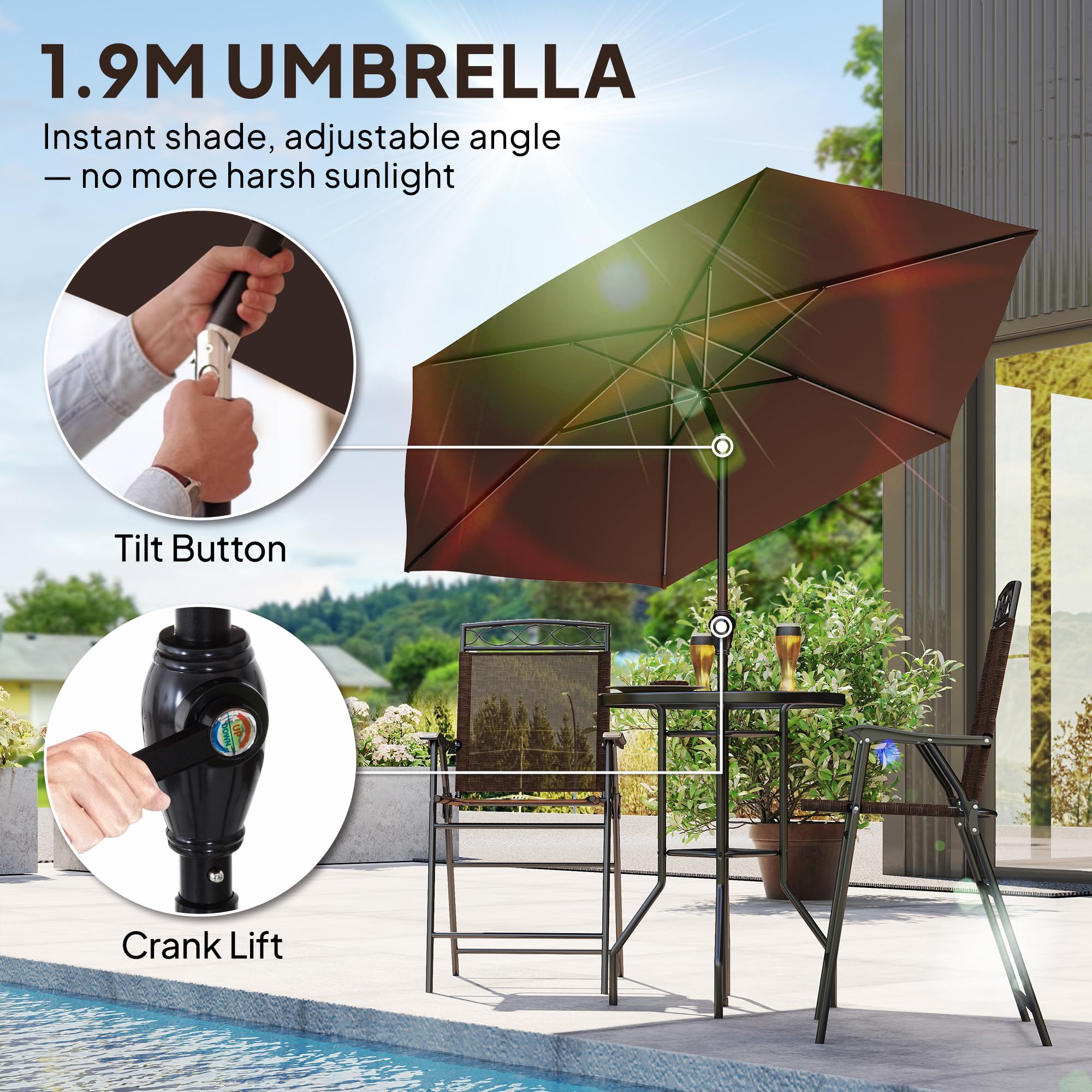 Juego de 4 muebles de comedor para patio al aire libre, 2 sillas plegables, paraguas de ángulo ajustable, mesa de comedor de vidrio templado con textura ondulada, color marrón 3