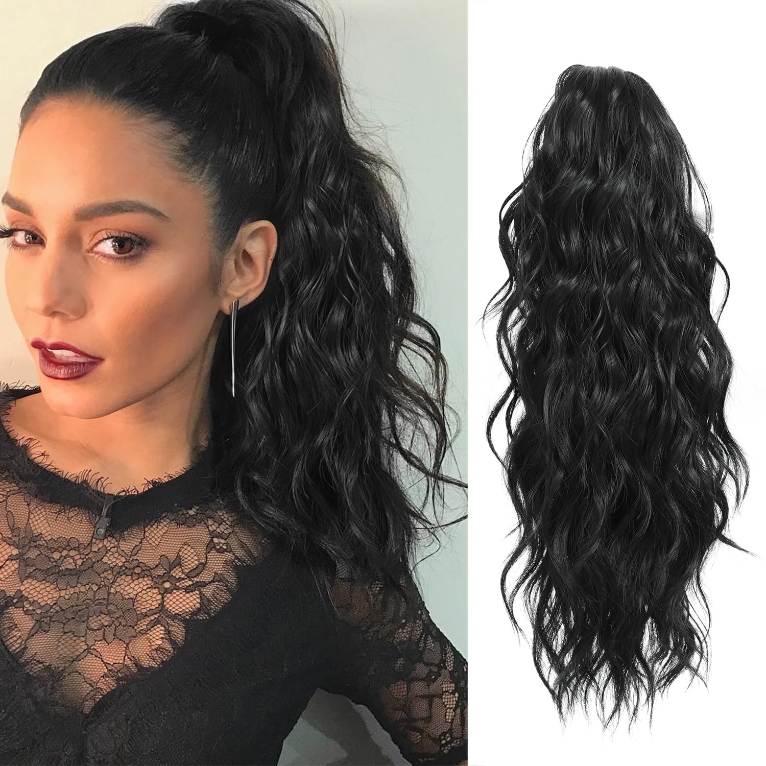 FINE PLUS Ponytail Extension Claw 18inch Clip in Ponytail Hair Extensions for Women Synthetic Curly Wavy Clip in Pony Tail Hair Extensions for Daily Party Use Natural Black Color